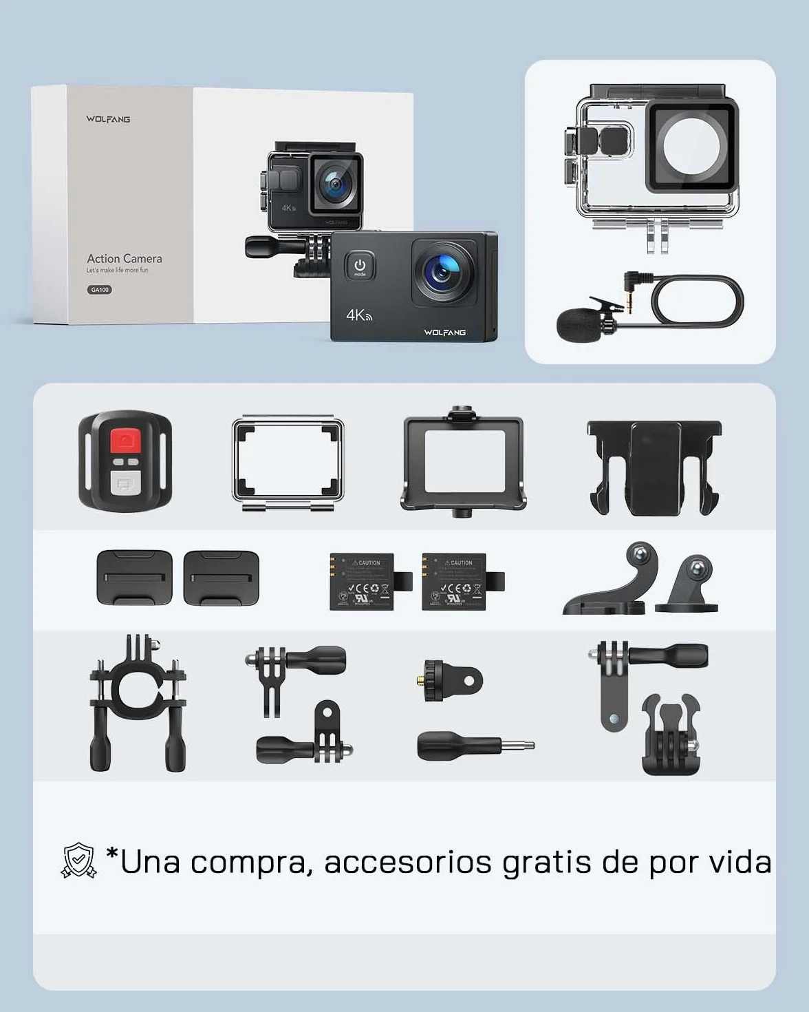 WOLFANG Cámara Deportiva 4K 30FPS GA100 32GB MicroSD 20MP Impermeable 40M WiFi Micrófono Dual 170° Gran Angular EIS