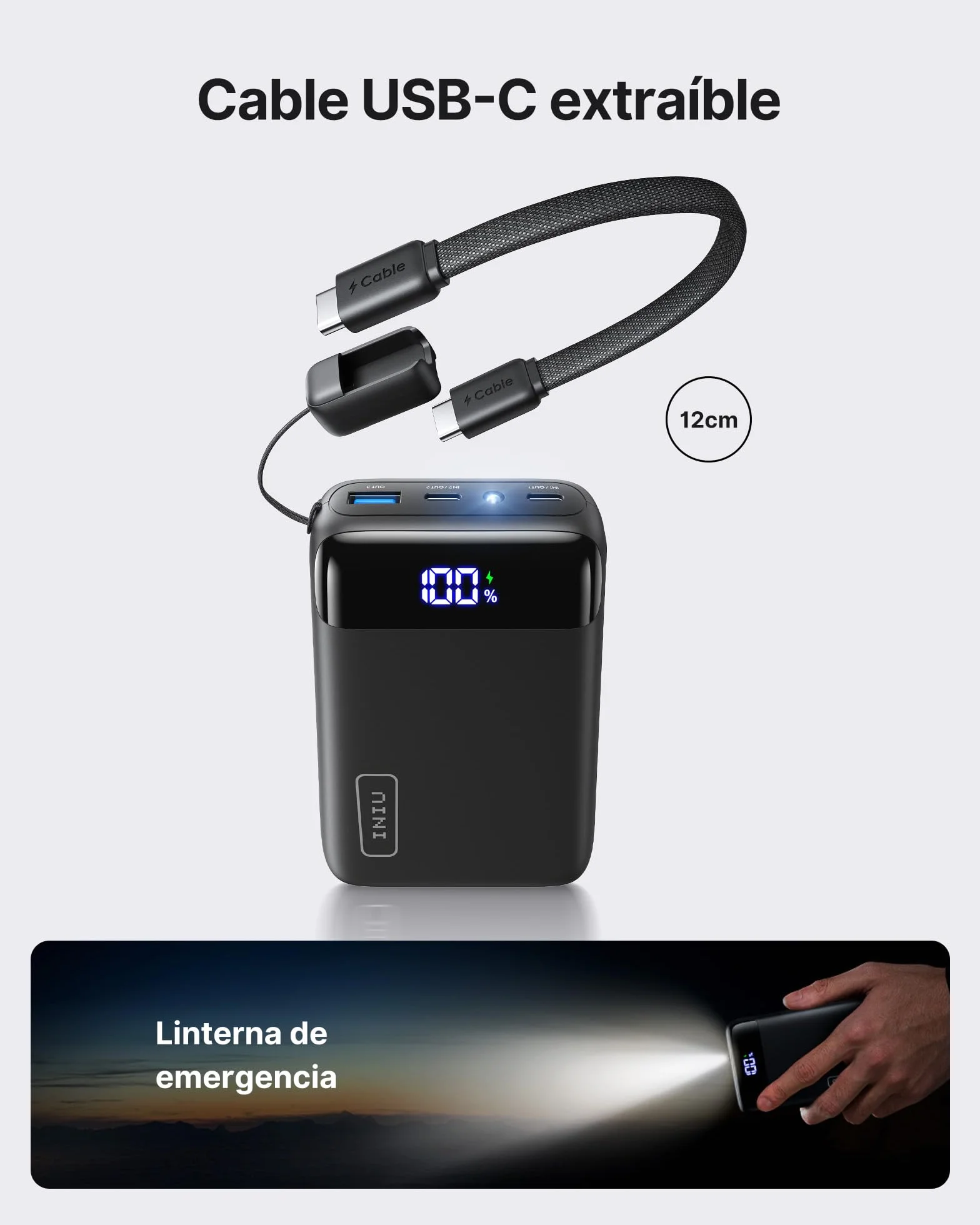 INIU Power Bank 20000mAh 22.5W Carga Rapida Bateria Externa con Cable USB C