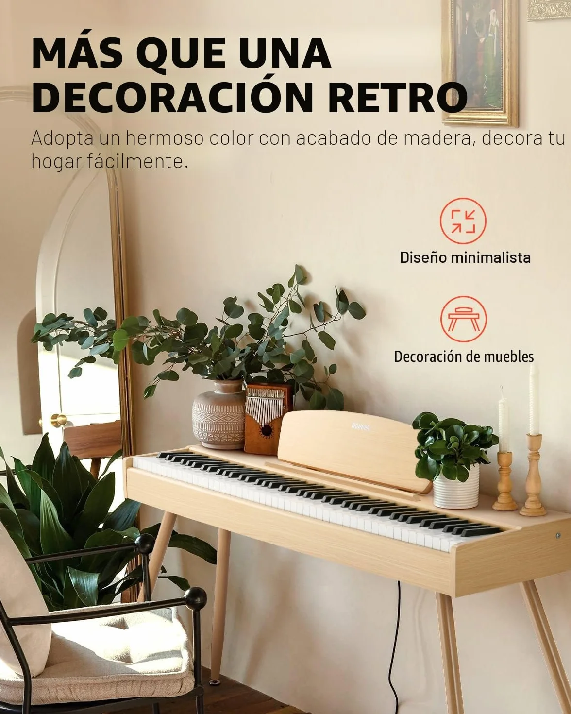 Donner DDP-80 Piano Digital de 88 Teclas Contrapesadas, Piano Eléctrico de Tamaño Completo con Soporte, Pedal Triple, Conexión MIDI e Interfaz para Auriculares, Color Madera Clara