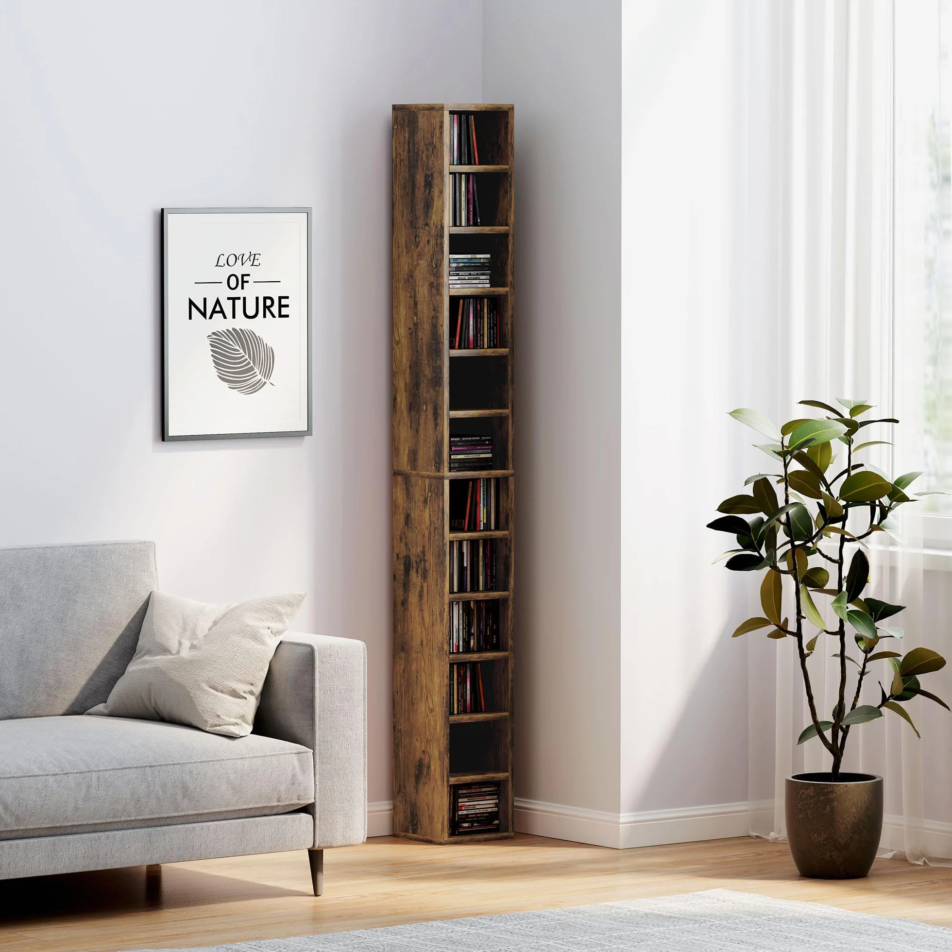 HOMCOM Unidad de almacenamiento para 204 CD, torre de almacenamiento con 12 cubos, estantería de 175 cm de alto para sala de estar, oficina en casa, sala de estudio, marrón rústico