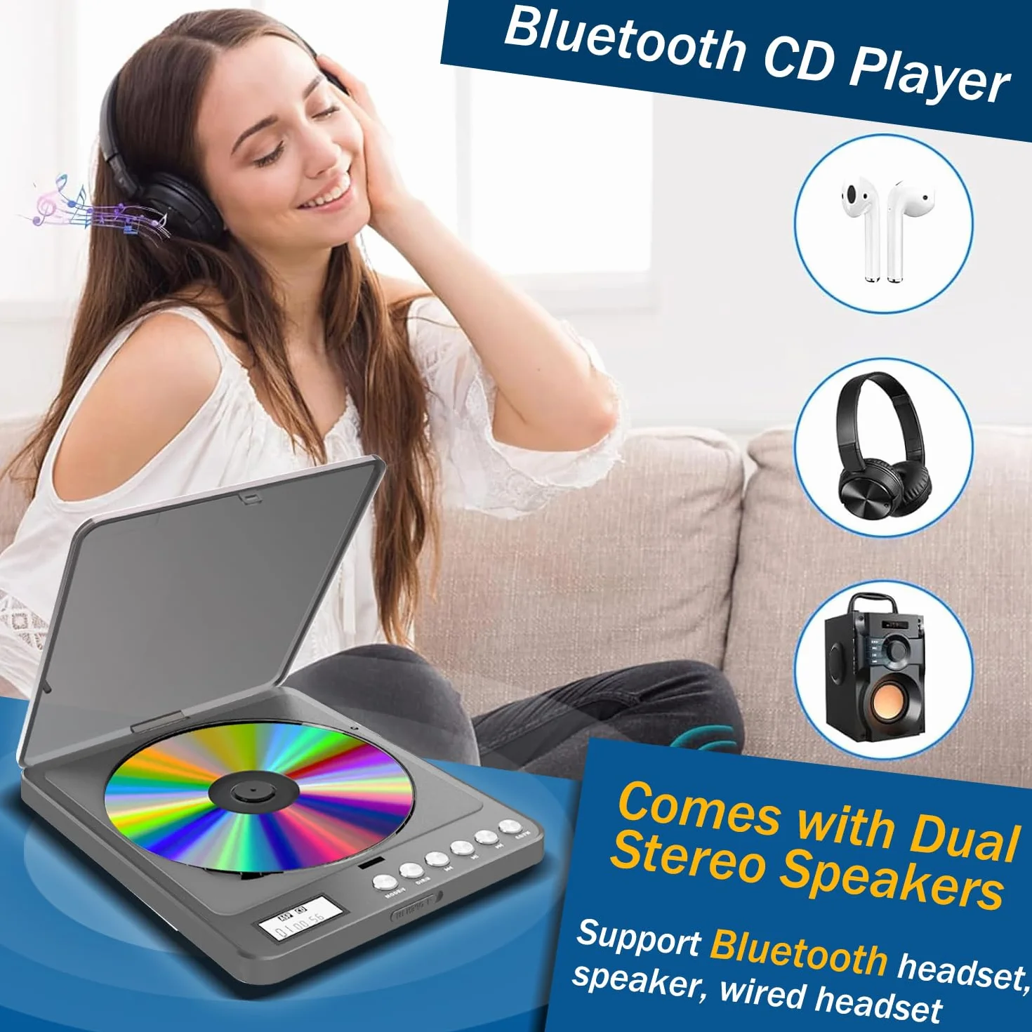 Reproductor de CD Portátil con Bluetooth 2000mAh Recargable Transmisor FM, Doble Jack 3.5mm para Coche