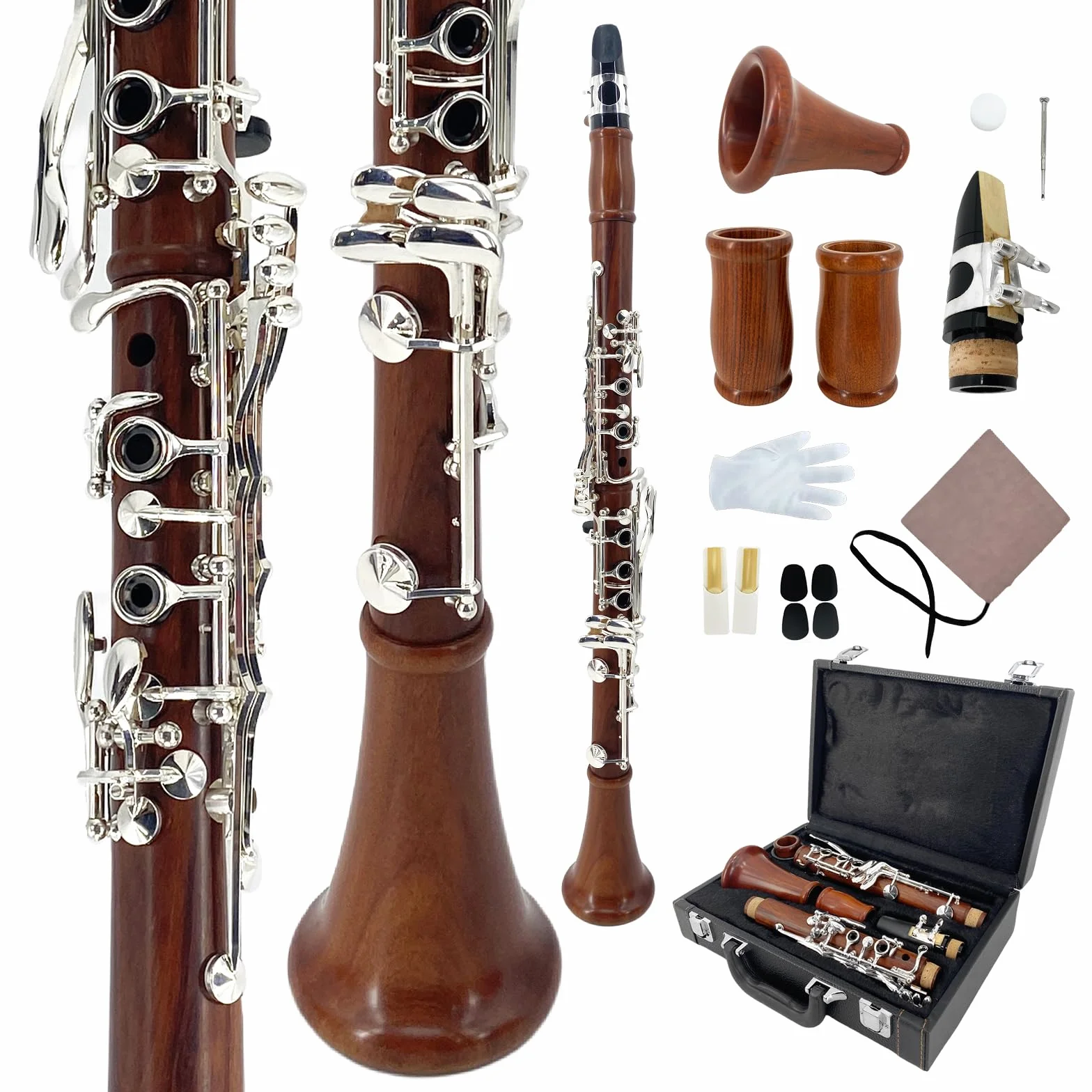Clarinete de palisandro Bb con teclas plateadas, estuche duro y kit de cuidado con tono rico - Opción asequible para principiantes y estudiantes intermedios, óptima para entrenamiento de
