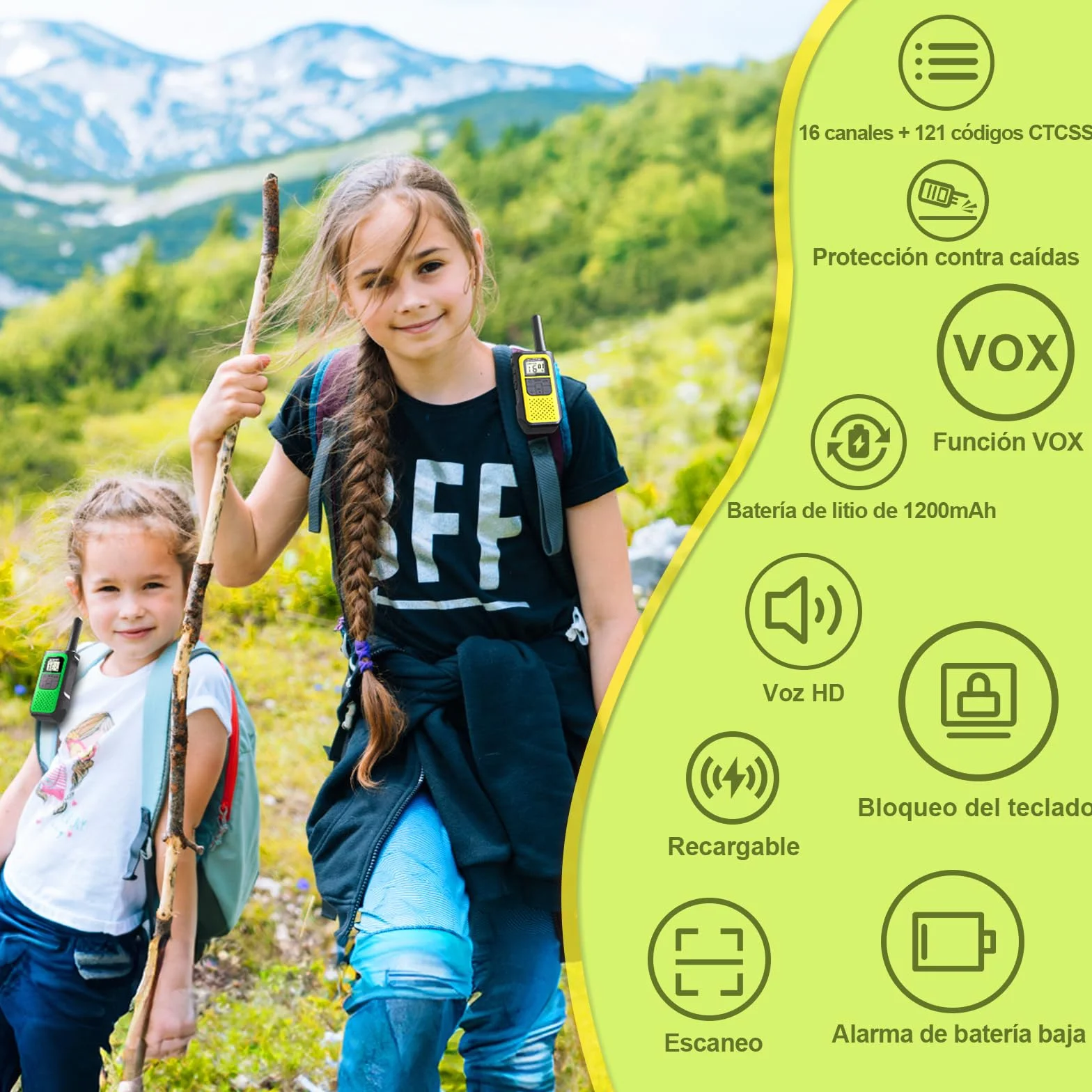 Walkie Talkie Recargable con 1200mAh Li-Ion Batería, Walkie Talkies para Niños Adulto, Walky Talky con 16 Canales VOX, Walkie-Talkies para Ciclismo Camping Senderismo