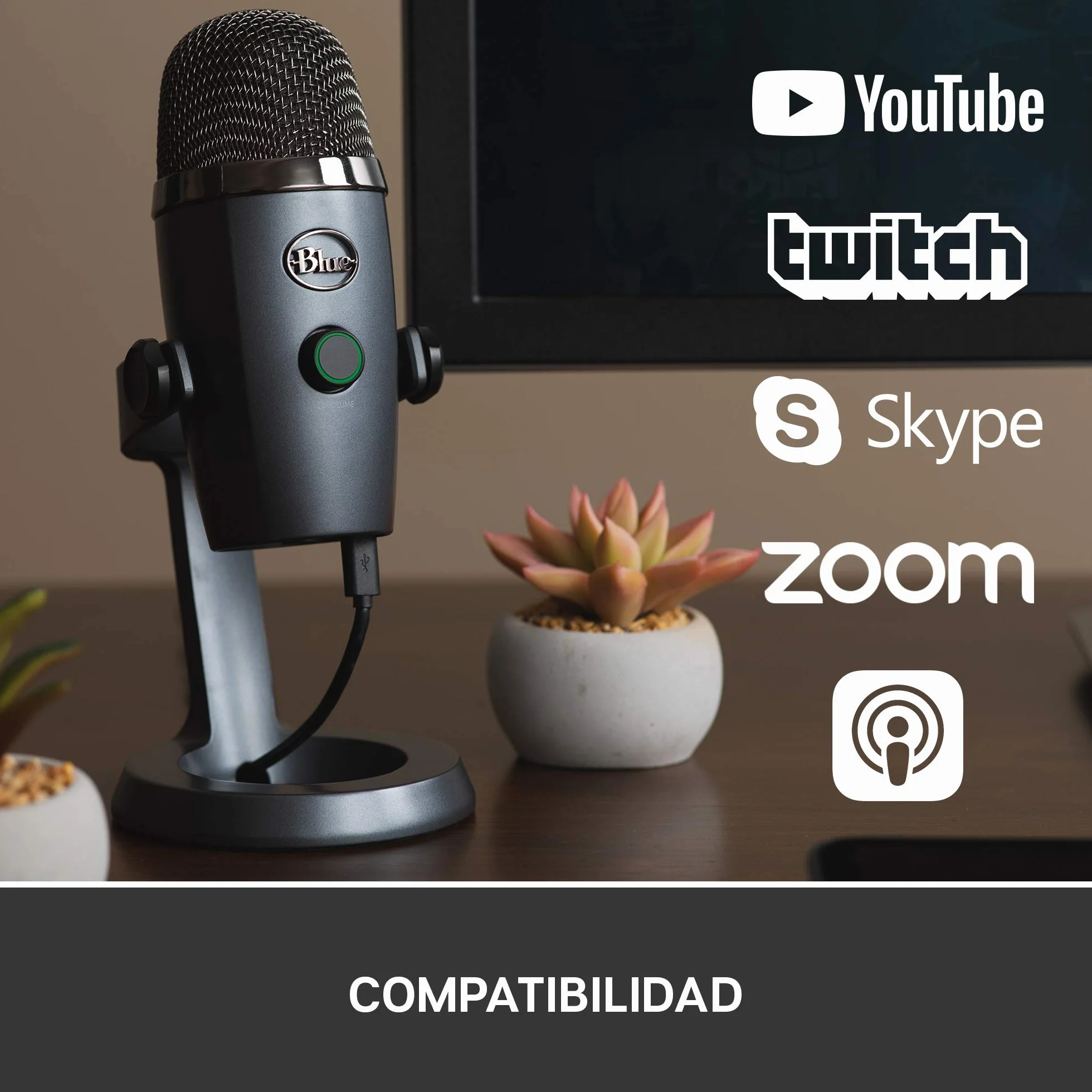 Logitech for Creator Blue Yeti Nano - Micrófono de condensador USB Premium, Grabación, Streaming, Gaming, Podcasting, PC, Mac, Efectos Blue VO!CE, Cardioide y Omnidireccional, Sin Latencia, Gris