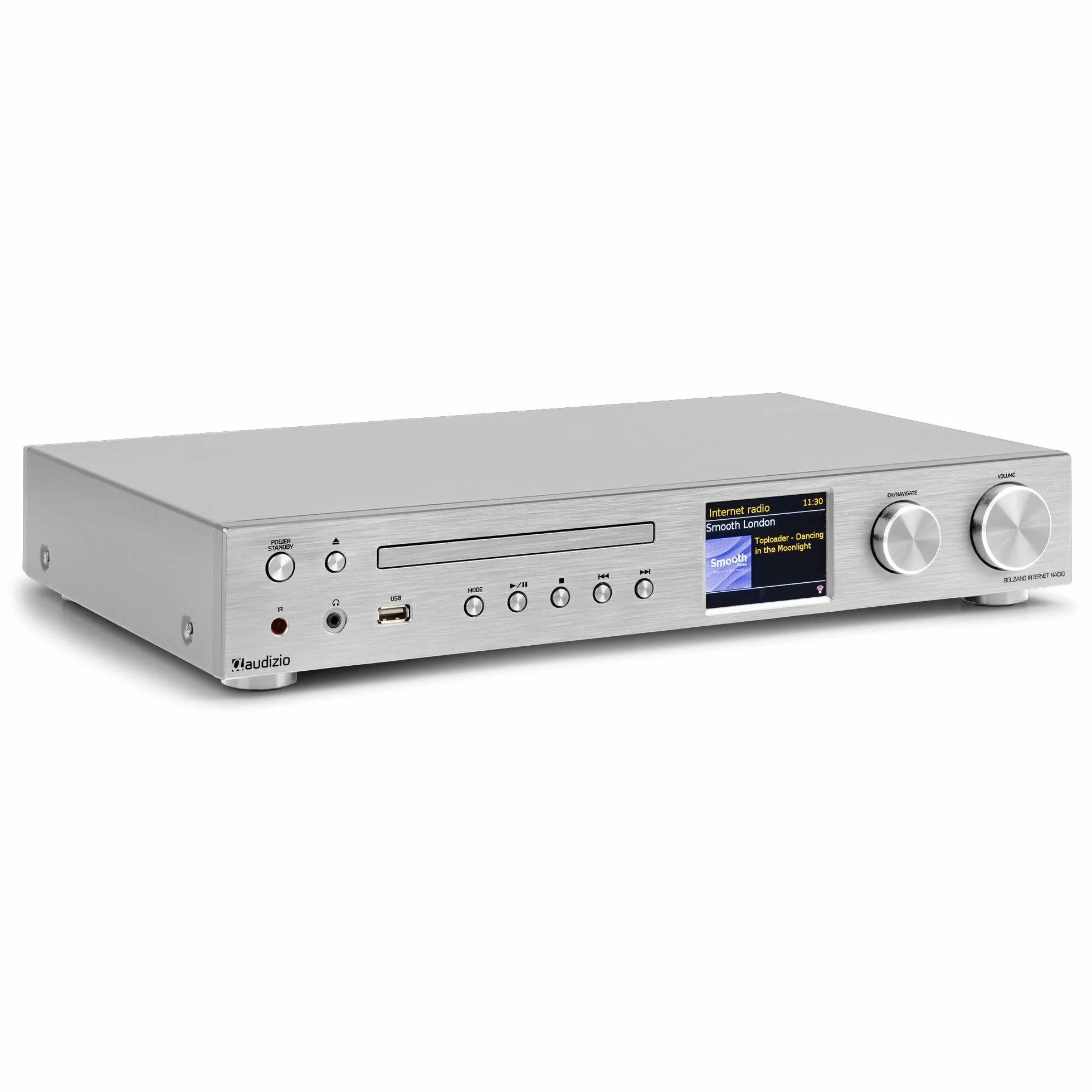 Audizio Bolzano - Radio Internet Dab+ y FM WLAN Bluetooth, Reproductor CD, Spotify Connect, Despertador, 40.000 emisoras, Mando a Distancia y Control por App, conexión Toslink y subwoofer, Plateada