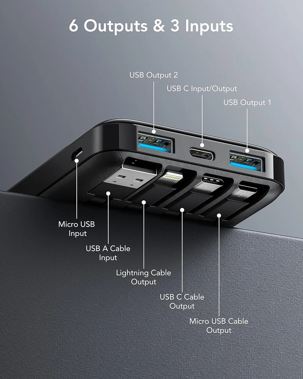 Charmast Power Bank 10000mAh con Cables Integrados, USB C Cargador Portátil 5V / 3A Powerbank Pantalla LED con 6 Salidas y 3 Entradas para iPhone Samsung Huawei Xiaomi
