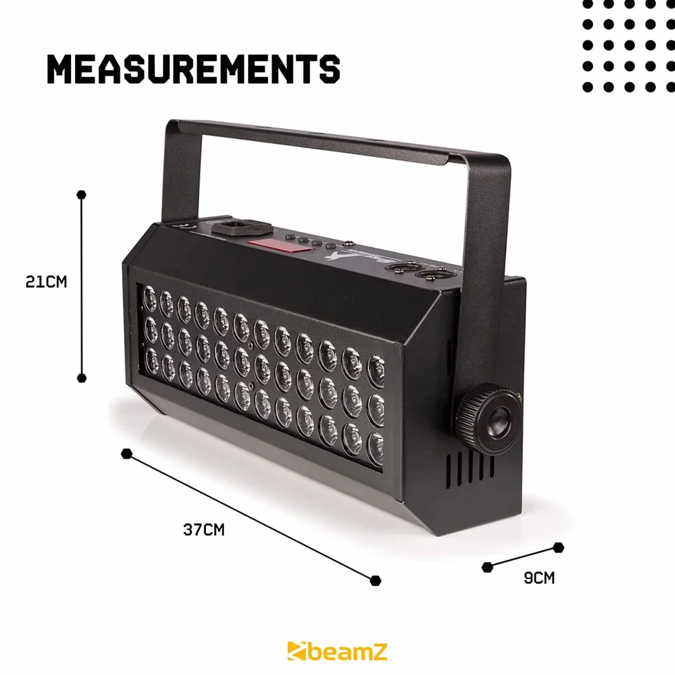 BeamZ Flood 36UV Luz LED Negra con 36 leds de 3W ultravioleta, Juego de Luces, DMX, XLR, Control de Sonido, Pantalla LED, Función Estroboscópica, Ideal para Fiestas Temáticas, discoteca, eventos