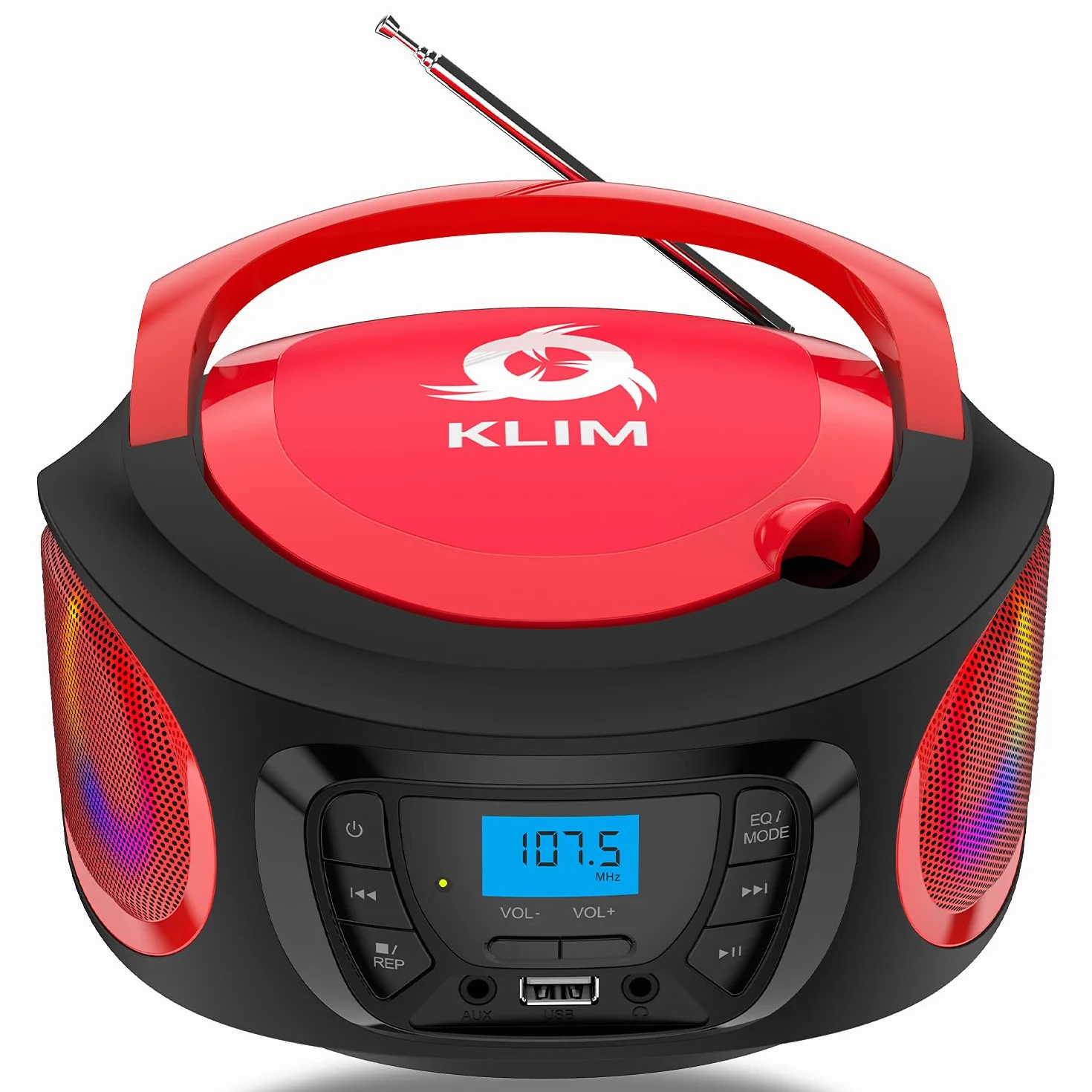 KLIM Boombox Radio CD Portátil Bluetooth MP3 USB AUX FM Reproductor Pilas Recargables Rojo