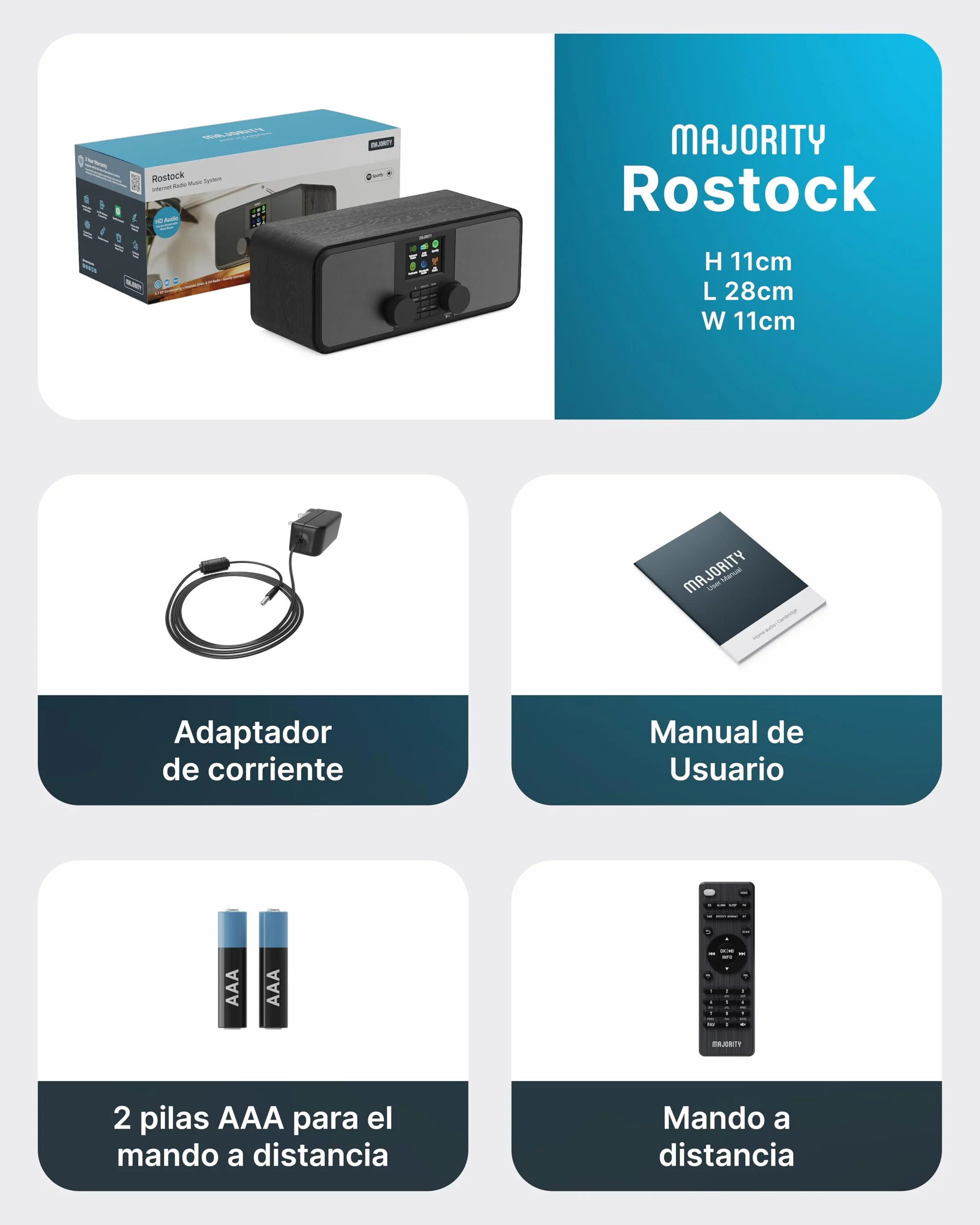 Radio Internet WiFi con Bluetooth | Radio Dab+ y FM | 2.0 Altavoces Estéreo | Spotify Connect y Podcasts | Mando a Distancia Incluido o Control con la Aplicación OKTIV | MAJORITY Rostock