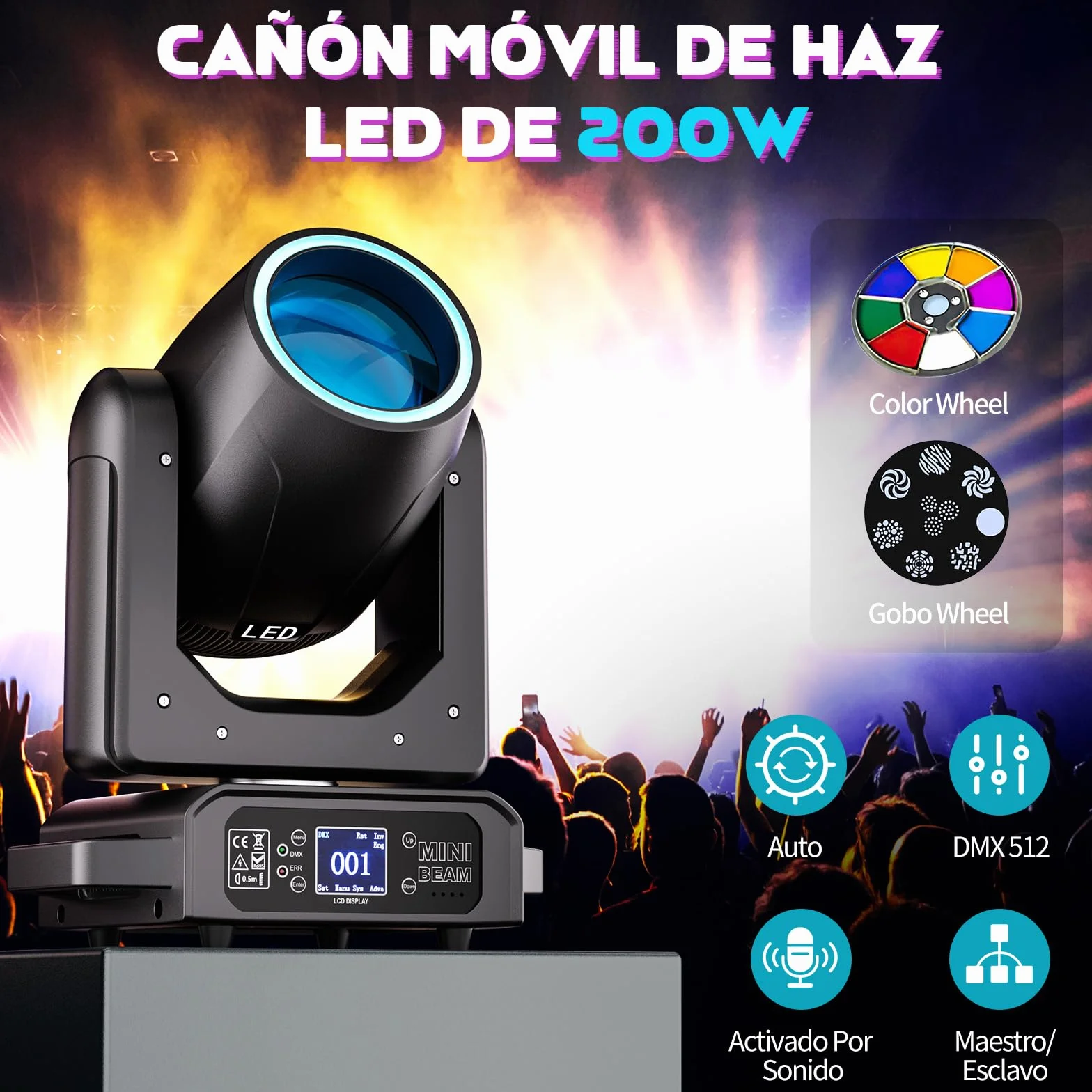 4 piezas Cabeza Móvil LED 200W Beam Iluminación de Escenario 7+1 Colores12 Gobos con tira de luz 18 Prisma Foco Luces de Fiesta DMX512 para Fiesta Cumpleaños Bar Discoteca