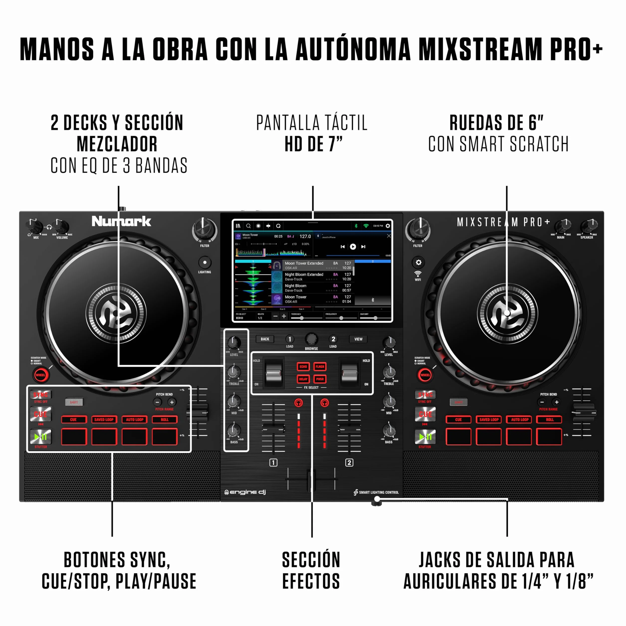 Numark Mixstream Pro+ Controlador DJ, separación de stems, 2 decks, streaming por wifi, mezclador, pantalla táctil 7" y altavoces; Serato y Virtual DJ