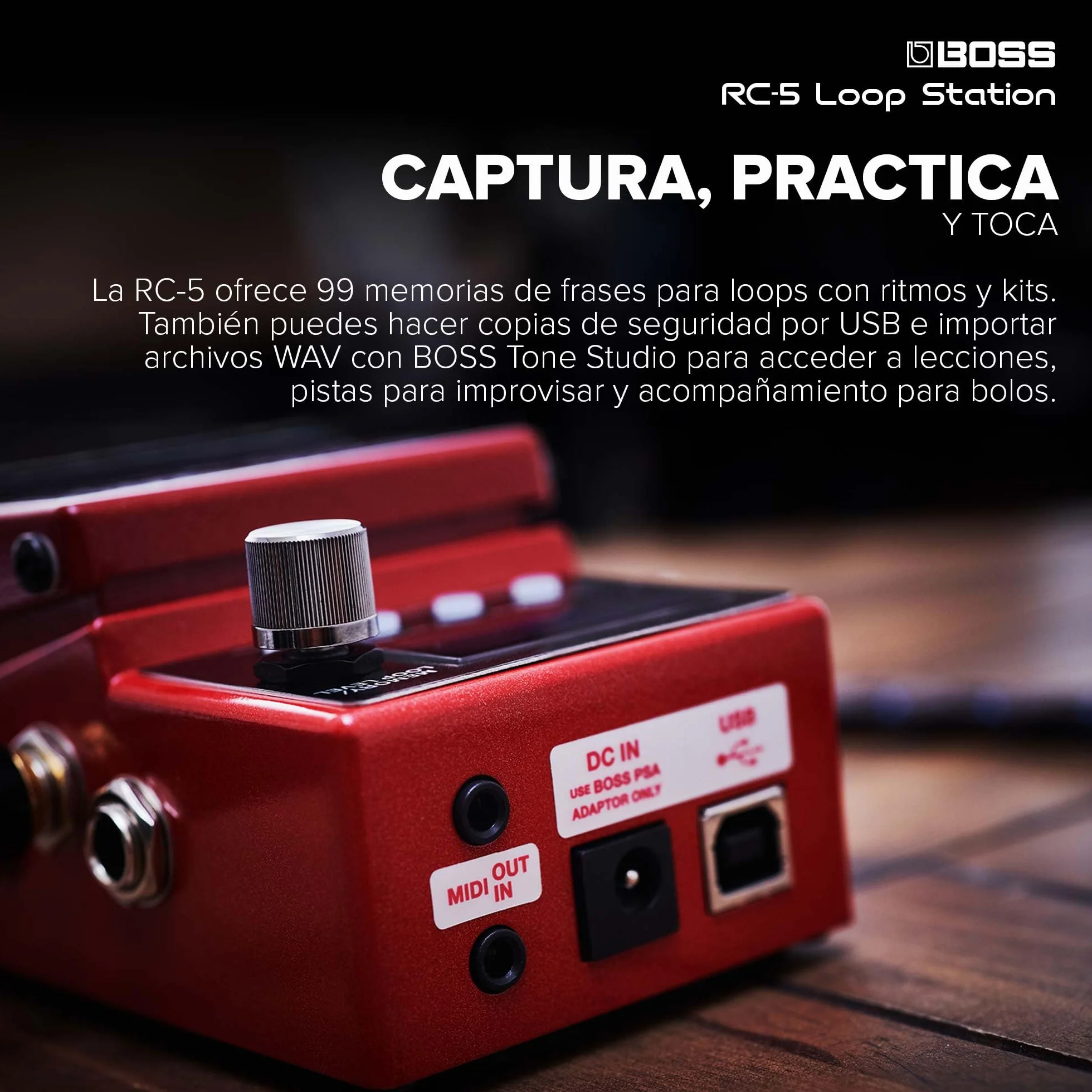 BOSS RC-5 Loop Station — moderne, compacte looper met eersteklas geluidskwaliteit, 99 zinherinneringen, 57 ritmes en optionele MIDI-bediening. Perfect voor gitaar, bas, elektroakoestisch