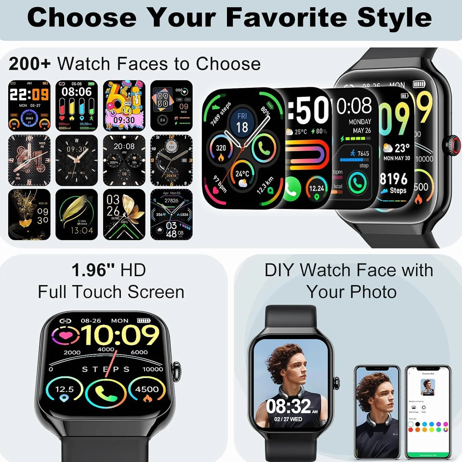 2026 Reloj Inteligente Hombre Mujer, 1.96" Smartwatch con Llamadas Bluetooth y Whatsapp Notificación, IP68 Pulsera Actividad con 100+ Modos Deportivos, Pulsómetro, Monitor de Sueño para Android iOS