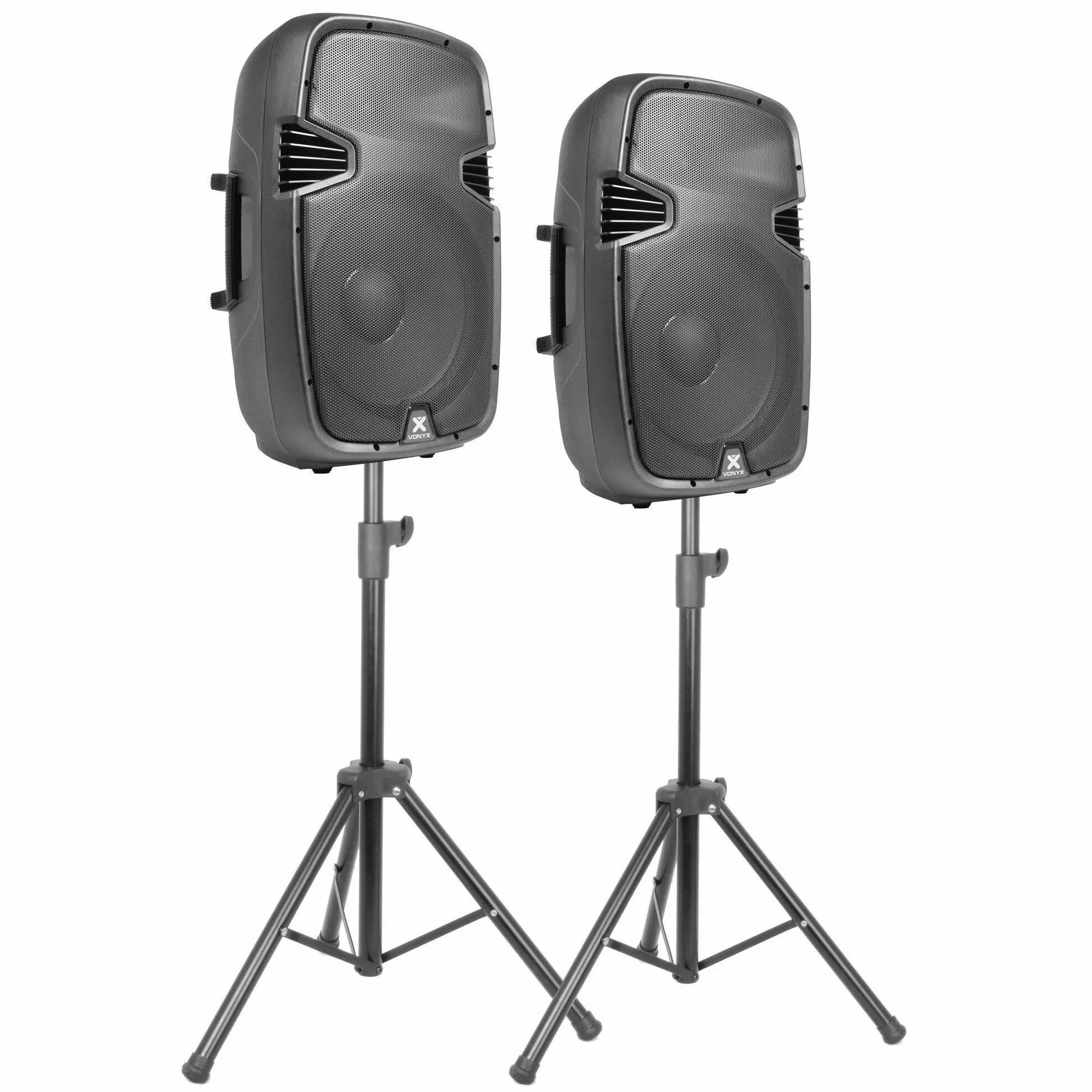 Vonyx PSS302 – Sistema de Sonido Activo 300W con 2 Altavoces 10”, Bluetooth, USB, SD, Mezclador Integrado, Soportes y micrófono, Altavoz portátil Potente para Eventos, Fiestas y DJ, Color Negro