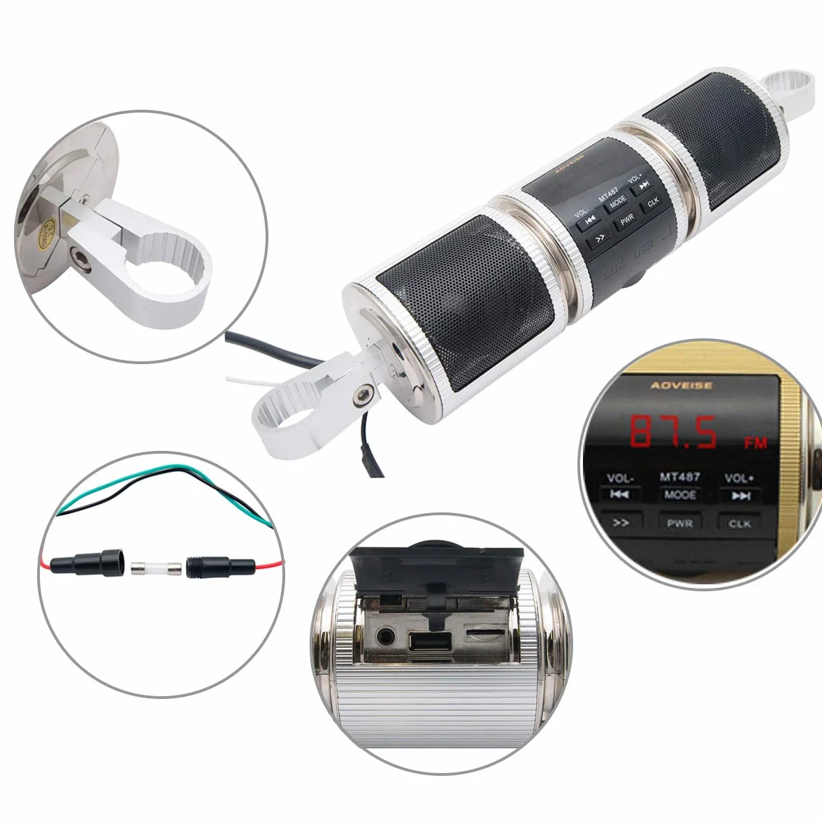Baceyong - Sistema de sonido Bluetooth para moto MP3 FM Radio Altavoces estéreo universal, impermeable Bluetooth MP3 Moto Audio Radio Sistema de sonido Altavoz estéreo
