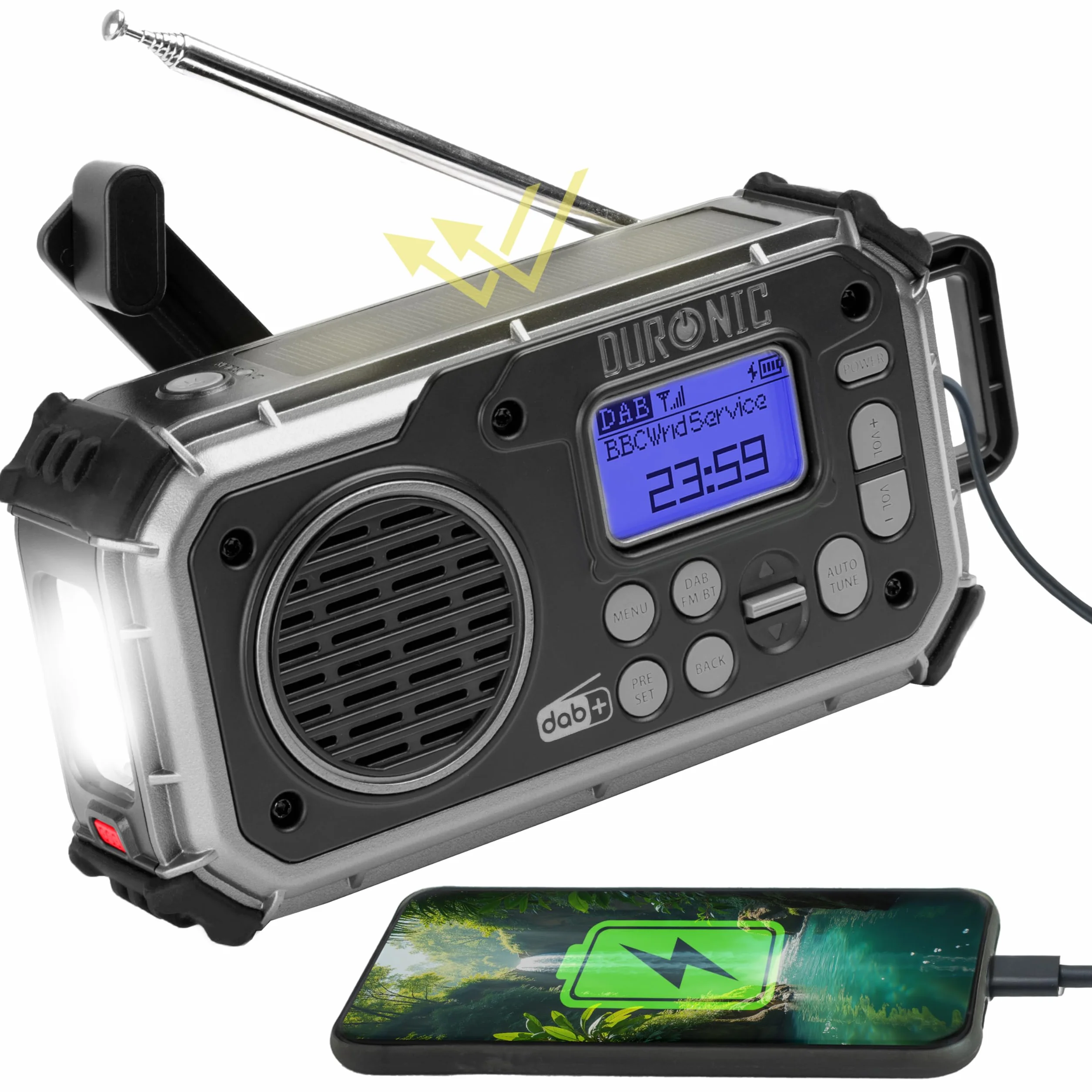 Duronic SDAB1 Radio Solar - Radio Emergencia Solar Dinamo, Radio con Manivela, Radio Dinamo, Linterna Radio Manivela Solar, Radio Supervivencia, Radio a Pilas y Solar Wind Up Radio FM Dab+ Bluetooth