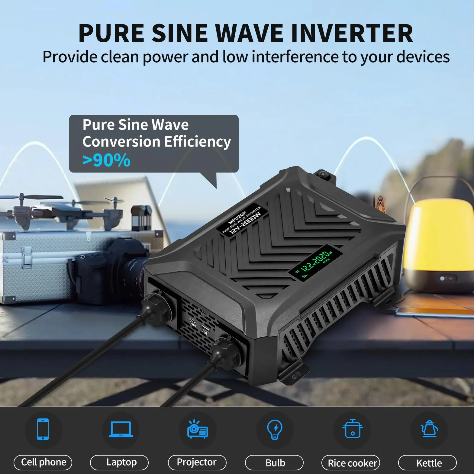 Inversor 12V 220V Onda Pura 2000W, Transformador con 2 Enchufes EU, Convertidor Potencia Pico 4000W, 1 USB-C & 1 USB-A (2,1A) para Camión Caravana Equipos Solares