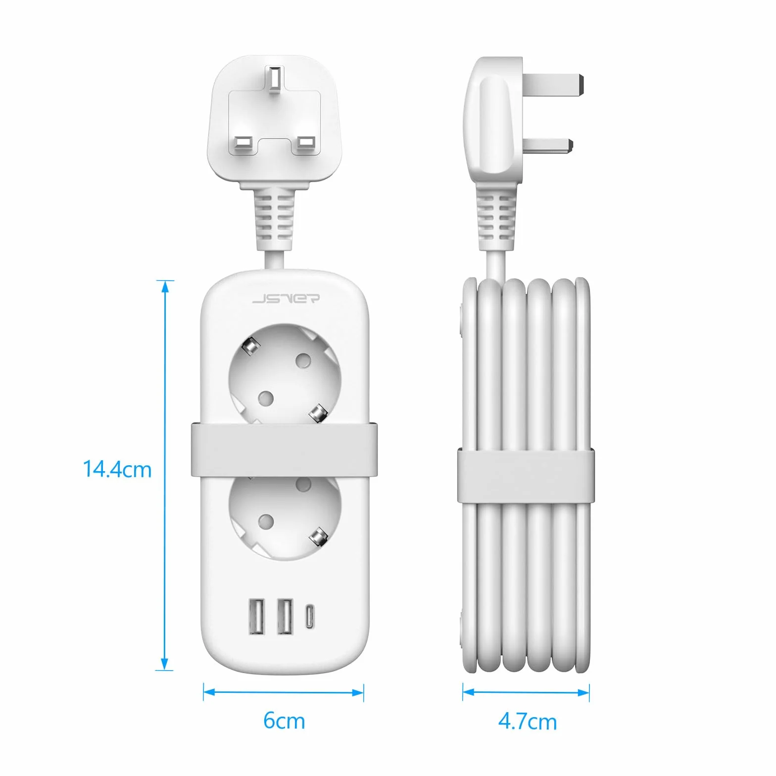JSVER Adaptador Enchufe UK, Compacto Enchufe de Viaje con 1,5m Cable,Adaptador de Viaje Español a UK Tipo G con USB C para EU a Irlanda, Malasia, Singapur, Hong Kong, Macao-Blanco