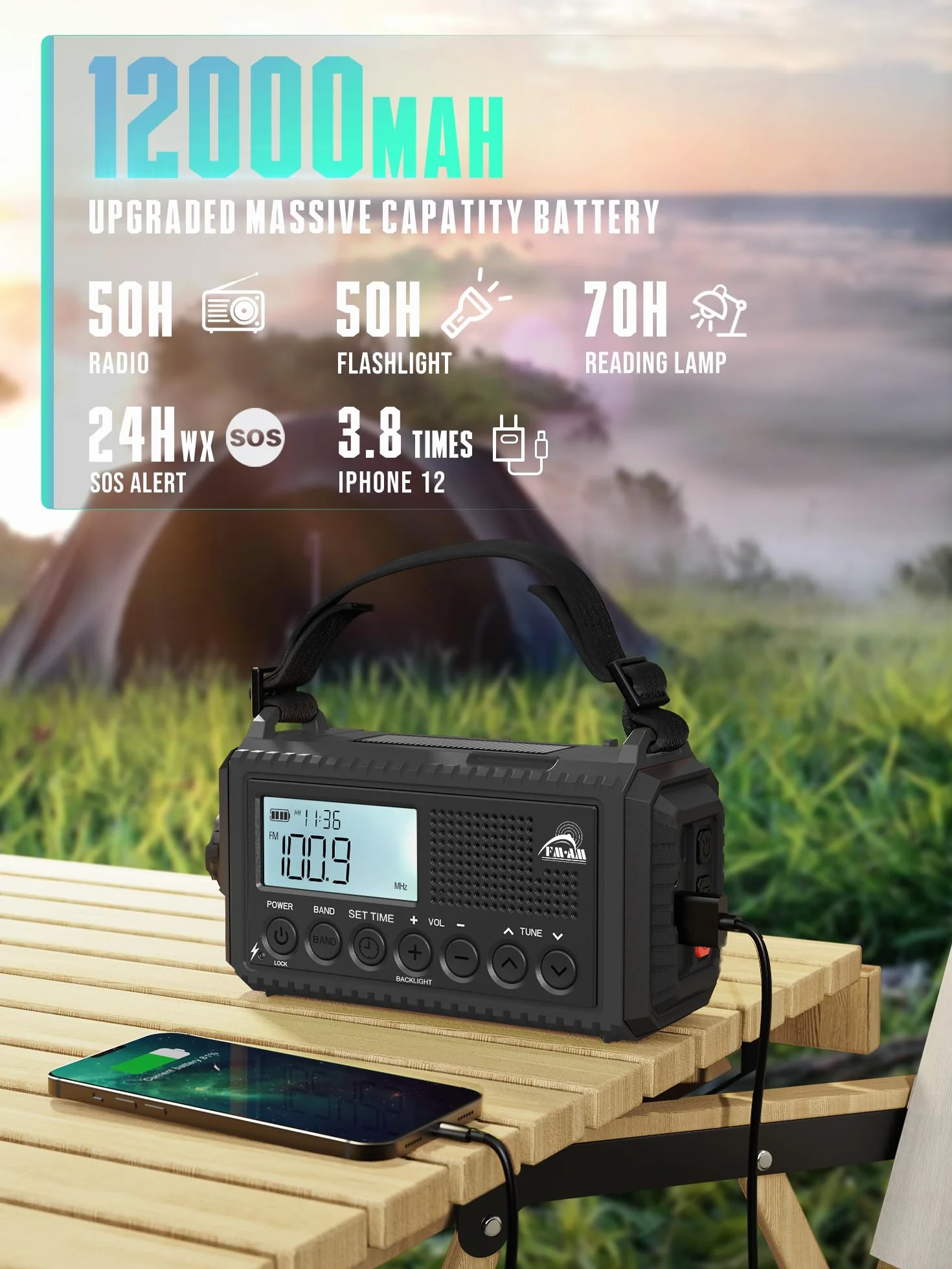 Radio de Emergencia Solar de Mano con Am/FM, Radio portátil alimentada por baterías de 12000mAh, Radio de transistores de Cuerda con Cargador de teléfono, Alarma SOS, Linterna de Supervivencia