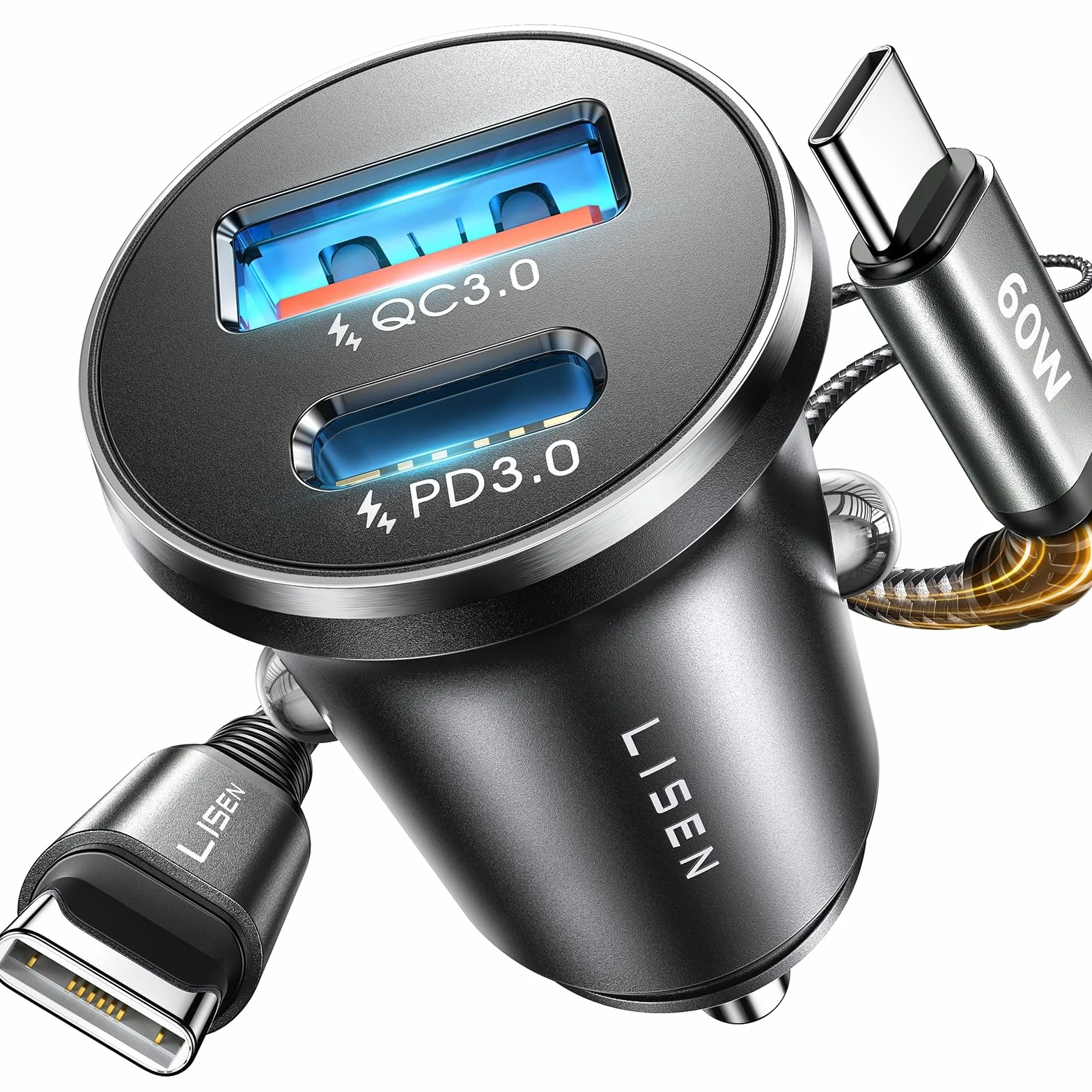 LISEN Cargador Coche Carga Rápida USB C 69W+60W Cable 12/24V para iPhone 17 16 Samsung S26 Kindle iPad