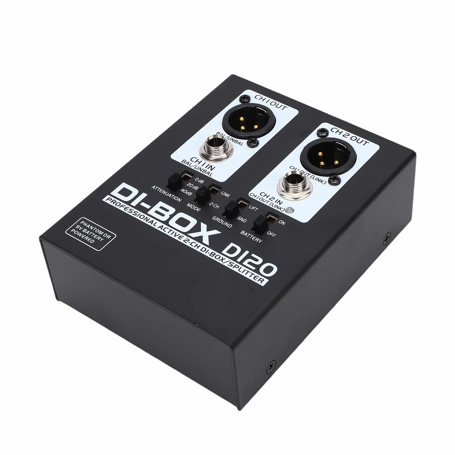 Caja DI activa de 2 canales, XLR TRS balanceada Caja directa estéreo de metal Convertidor de impedancia de señal de inyección directa Eliminador de ruido para altavoz de guitarra