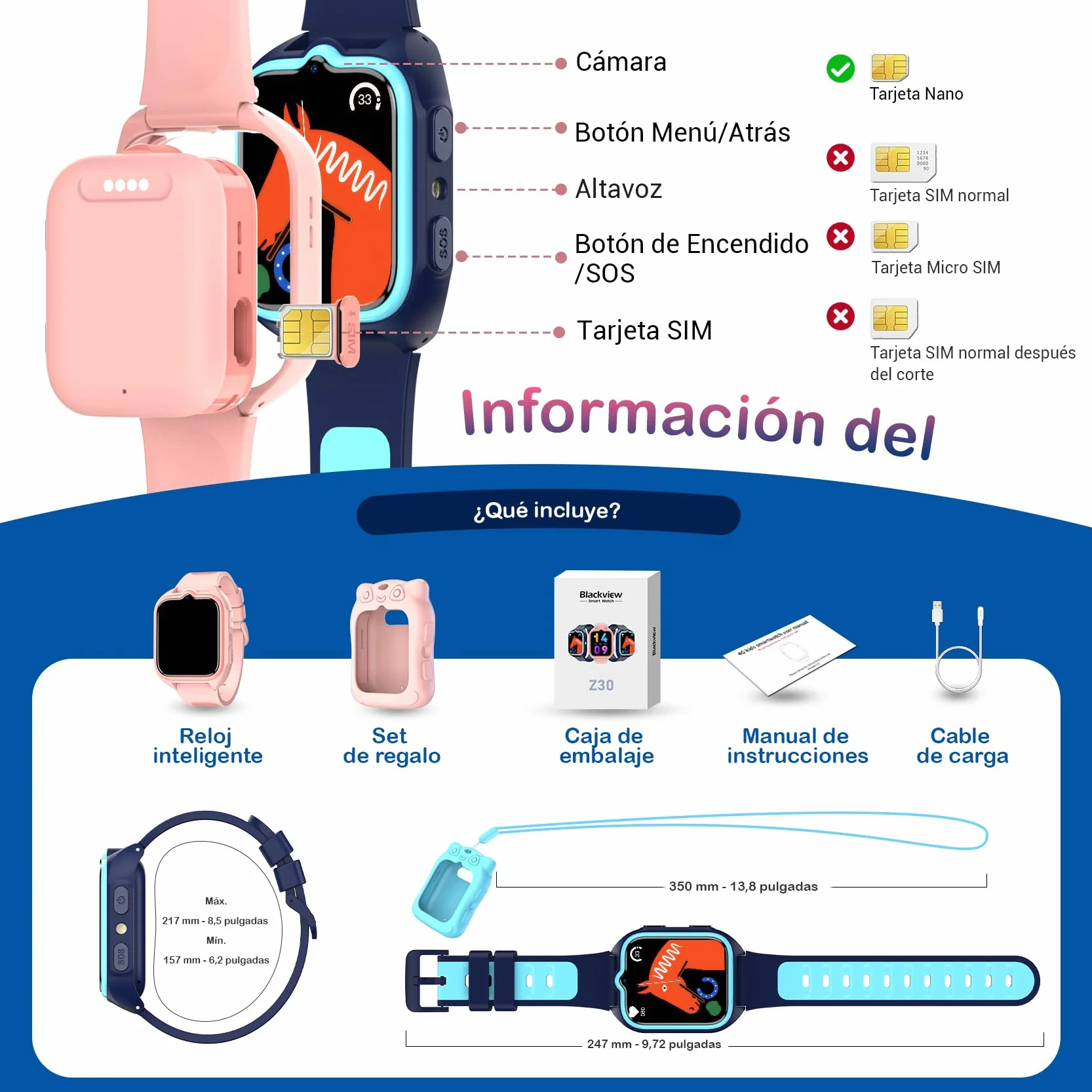 Blackview Smartwatch, 1.75” Reloj Inteligente Niño con GPS Posición, LED Linterna, SOS Llamar, Videollamadas, Chat de Voz, Smartwatch Niños con Podómetro, Juego, Despertador, Modo Escuela, Azul
