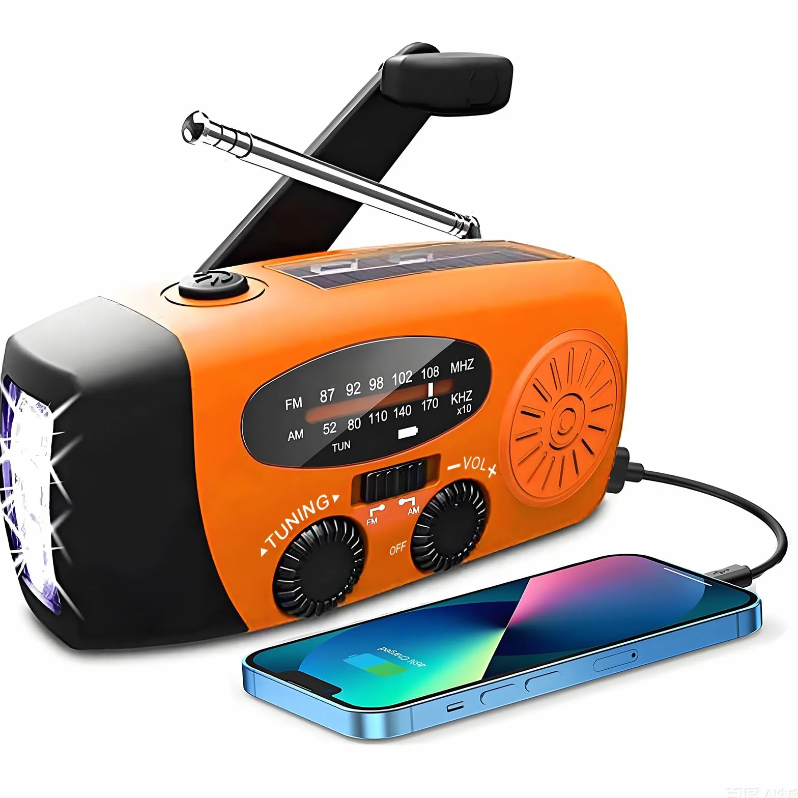 Radio Solar, Radio de manivela portátil Dynamo Radiocon Am/FM, con Linterna LED 2000mAh Recargable de Cuerda para Emergencia, Cargador de teléfono móvil USB para Acampar al Aire 2000 Mah