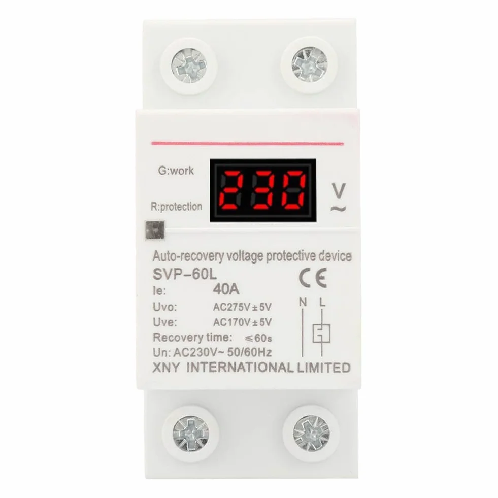 Jadeshay Dispositivo Protección Sobretensión Subtensión,230V 40A Voltaje Protector Carril DIN Recuperación Automática contra Sobrevoltaje y Bajo Voltaje con Luz Indicadora y Pantalla de Voltaje LED