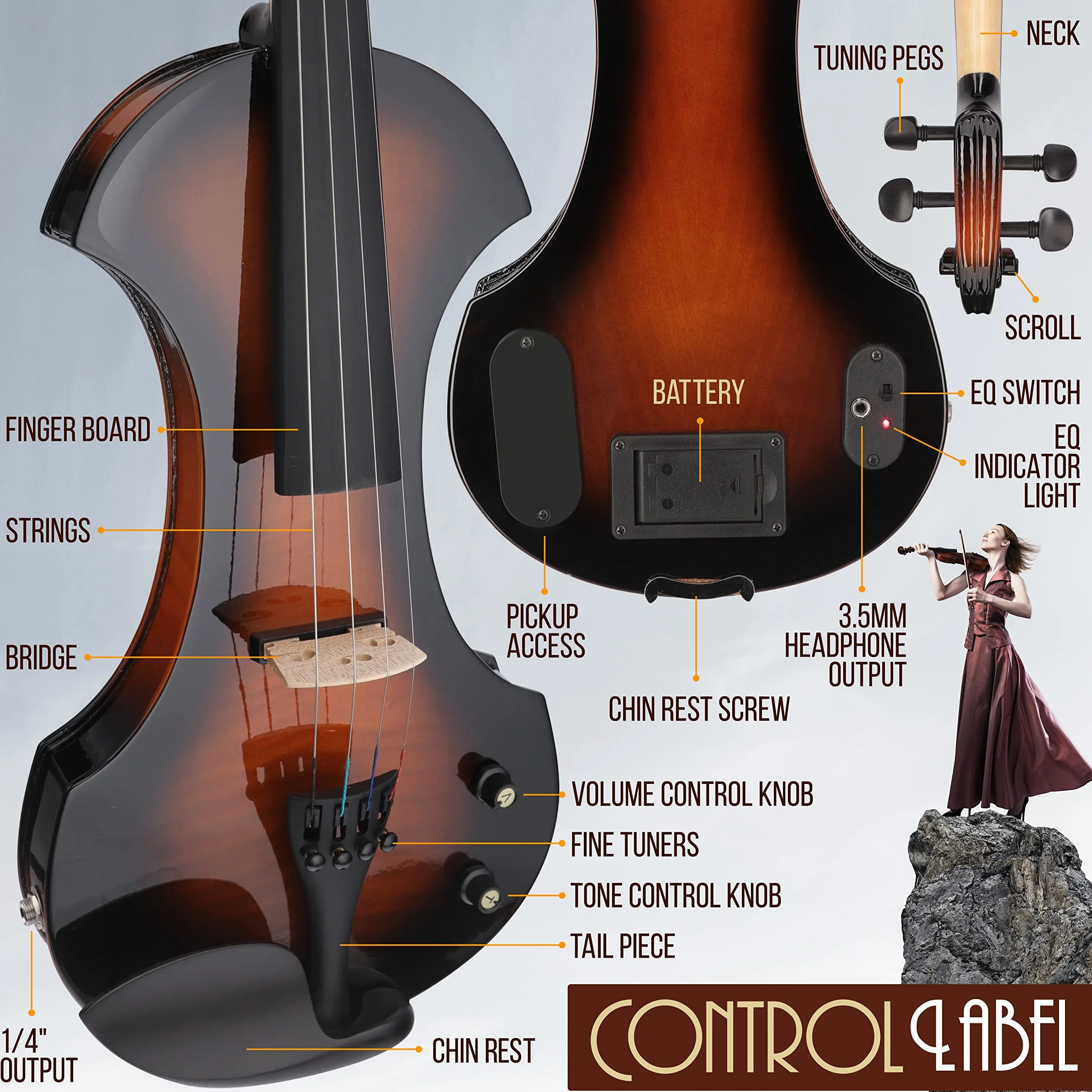 Pyle violin electrico, Silencioso, De tamaño Completo 4/4, Estuche duro, Arco, Accesorios de ebano y afinador digital