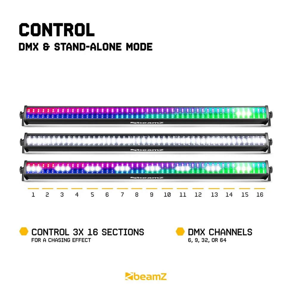 BeamZ LCB288 - Barra LED RGB+Blanco con 288 LEDs SMD, efectos wash y estrobo, control DMX, maestro/esclavo, secciones 3x16, iluminación profesional para DJ, fiestas, escenarios y discotecas