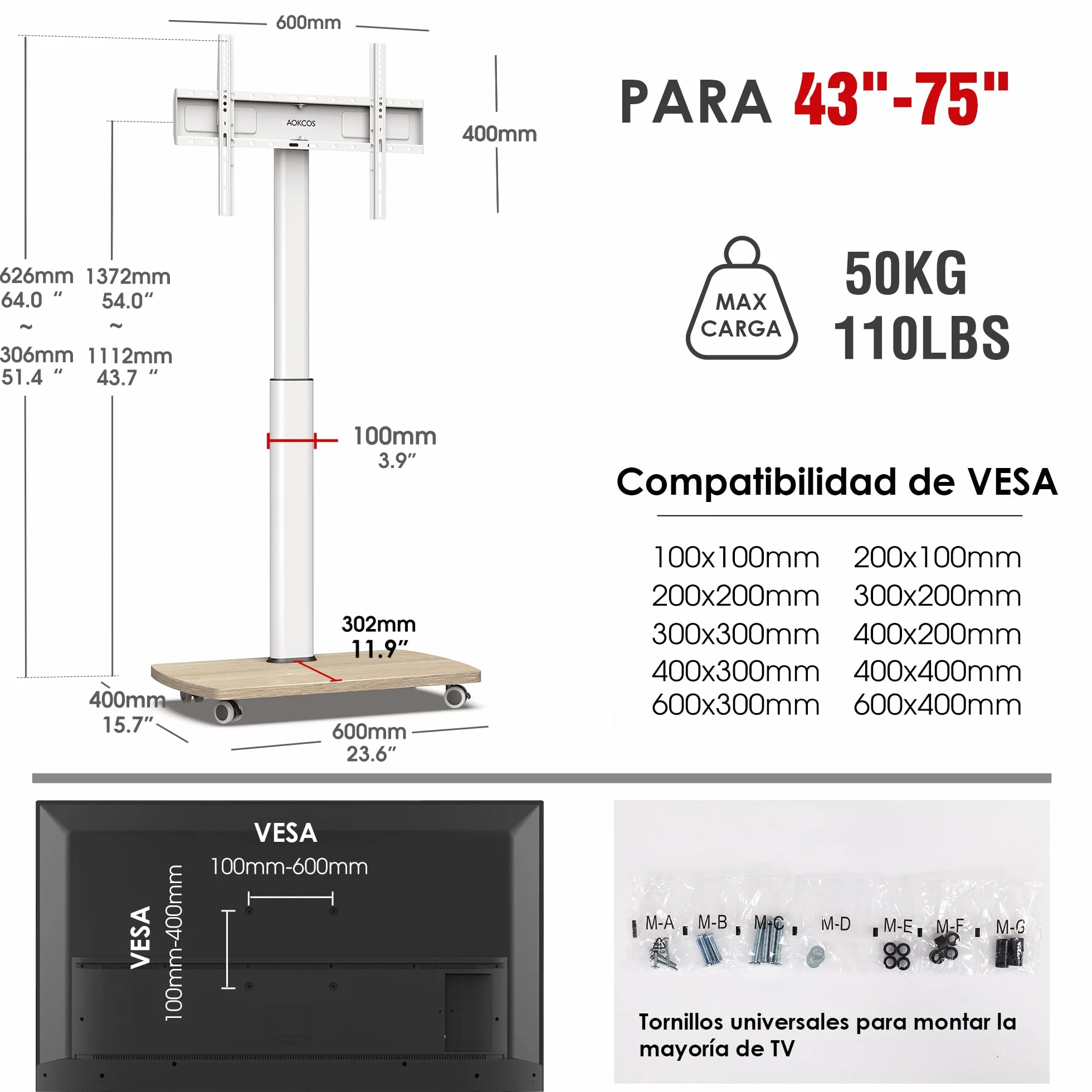 AOKCOS Soporte de suelo para TV móvil con estante de madera, soporte de TV con ruedas para televisores planos y curvados de 43 a 75 pulgadas de hasta 50 kg, altura ajustable, soporte giratorio para TV