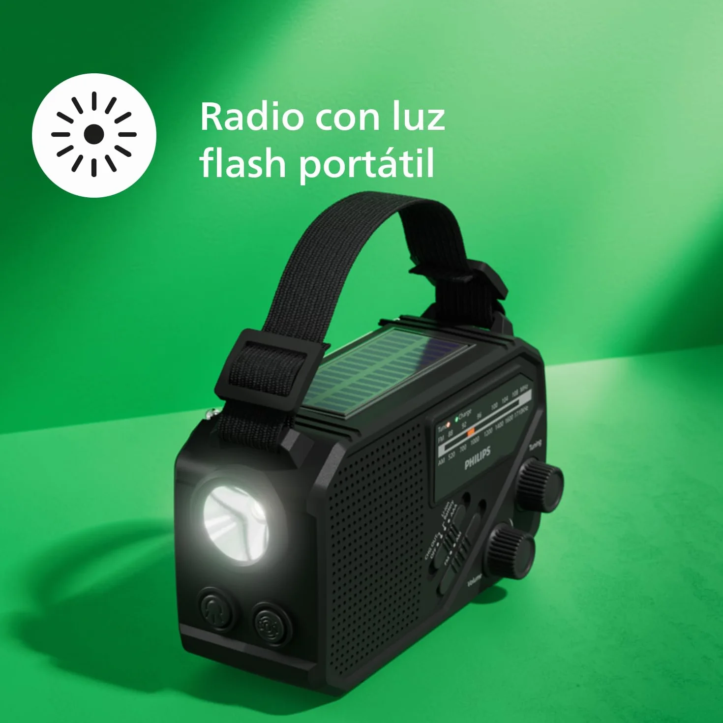 Philips TAR1609: radio portátil FM/AM con batería interna recargable, pilas AAA y manivela de soporte, energía solar, luz LED y linterna integrada para camping, senderismo o SI HAY cortes de corriente