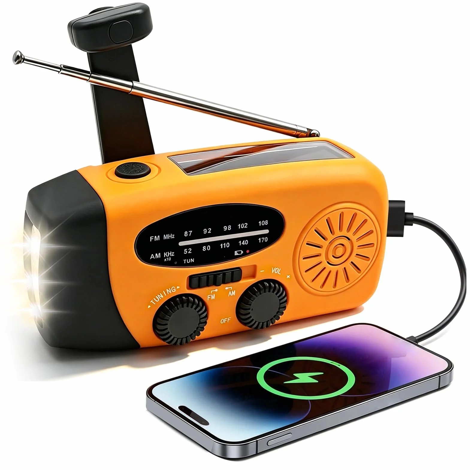 Radio Solar de Emergencia con Manivela manivela portátil Radio Portátil Am/FM con 3 potentes Luces LED Batería 600mAh USB Recargable para Cargar Móvil para Supervivencia Camping Senderismo Apagones
