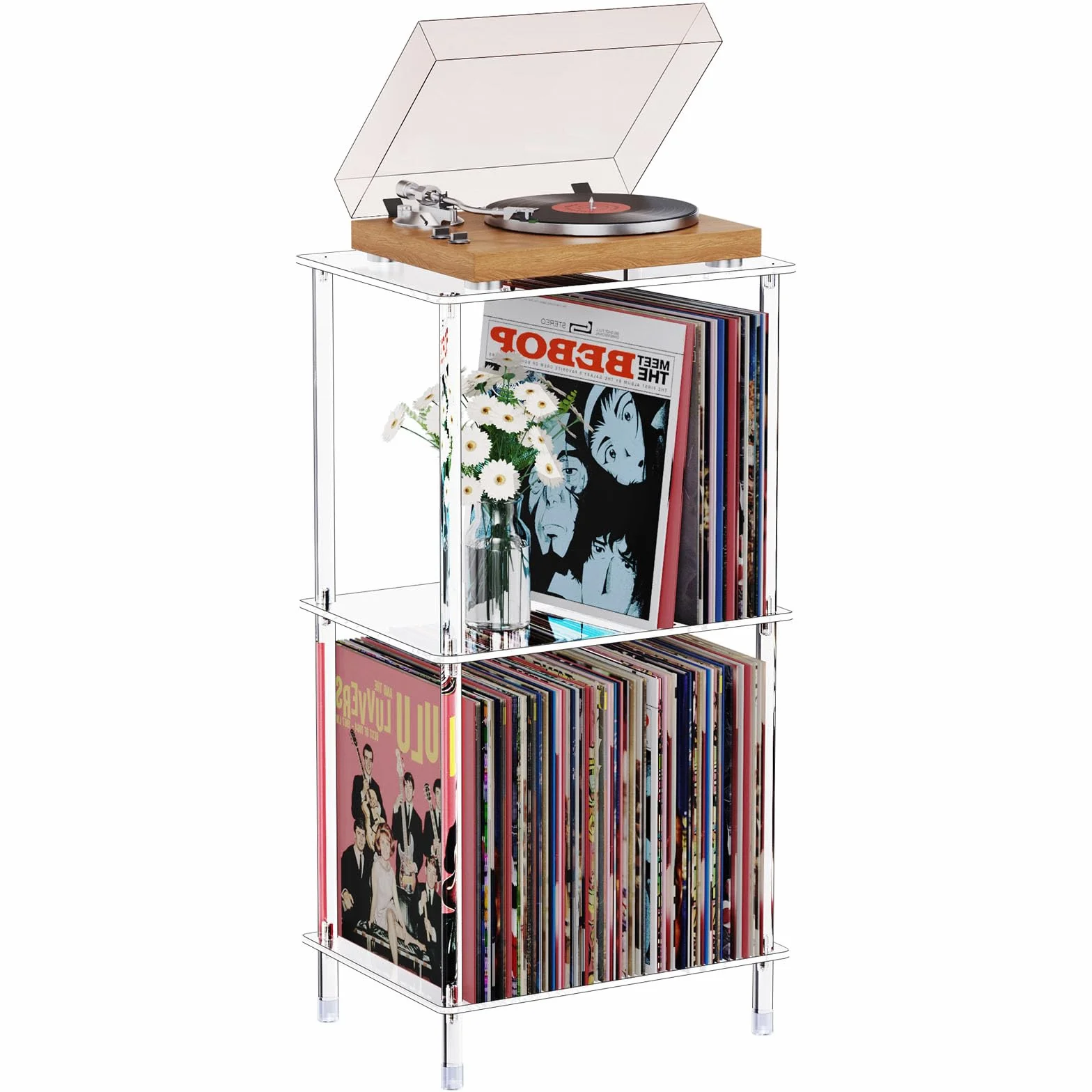 Soporte acrílico para tocadiscos, mesa giratoria transparente de 3 niveles con almacenamiento de discos de vinilo, 15.75 pulgadas de largo x 11.8 pulgadas de ancho x 30.7 pulgadas de alto, mesa