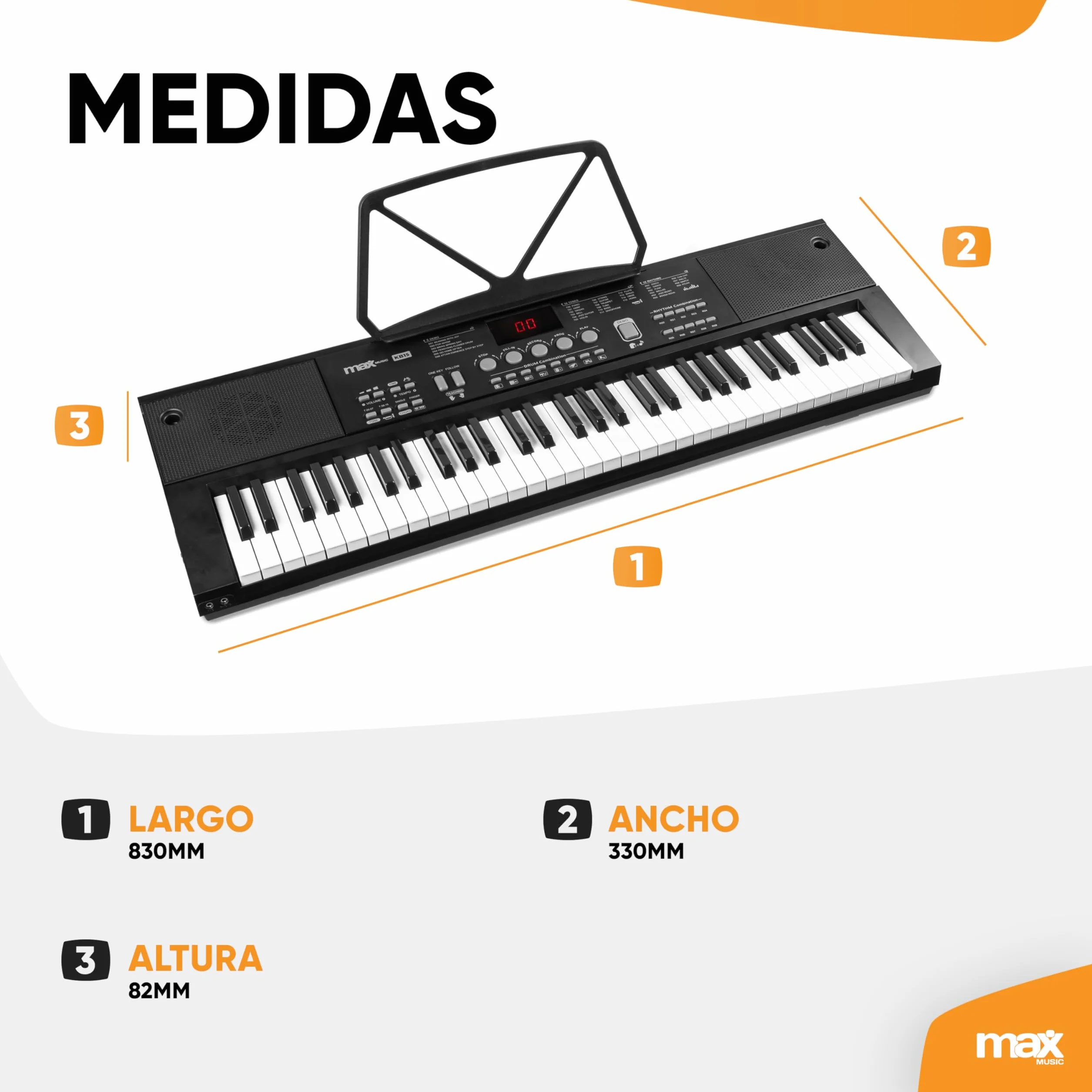 MAX KB15 - Teclado piano con 61 teclas, con micrófono, soporte para teclado y auriculares, autonomía de 8 h, pantalla LCD, 70 canciones, ideal para principiantes, 26 sonidos, 8 percusiones, USB-C
