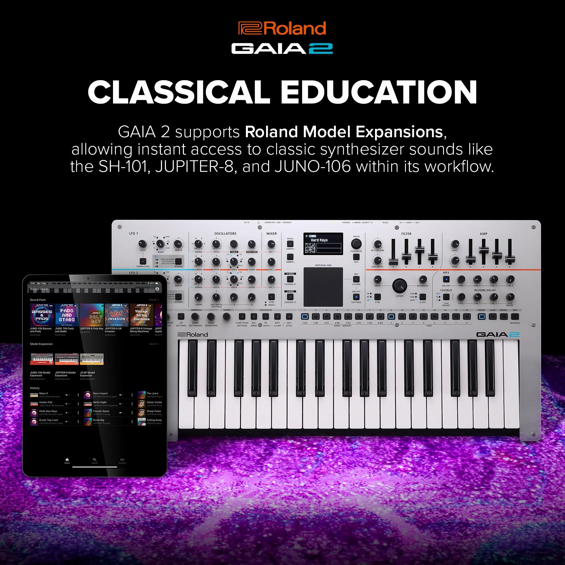 Sintetizador Roland GAIA 2 con prestaciones sonoras avanzadas | Generador de sonido híbrido que combina síntesis de tabla de ondas y virtual analógica | Motional Pad integrado