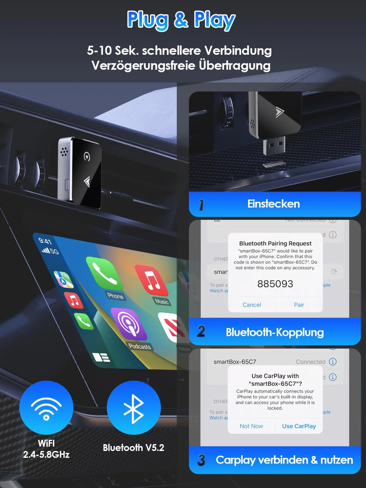 Adaptador Inalámbrico 2 en 1 para CarPlay/Android Auto, PARPAT 2025 Conversión Mejorada de Cable a Inalámbrico con USB/Tipo-C, Conexión Estable y Sin Retrasos, Compatible con iPhone/Android (K3)