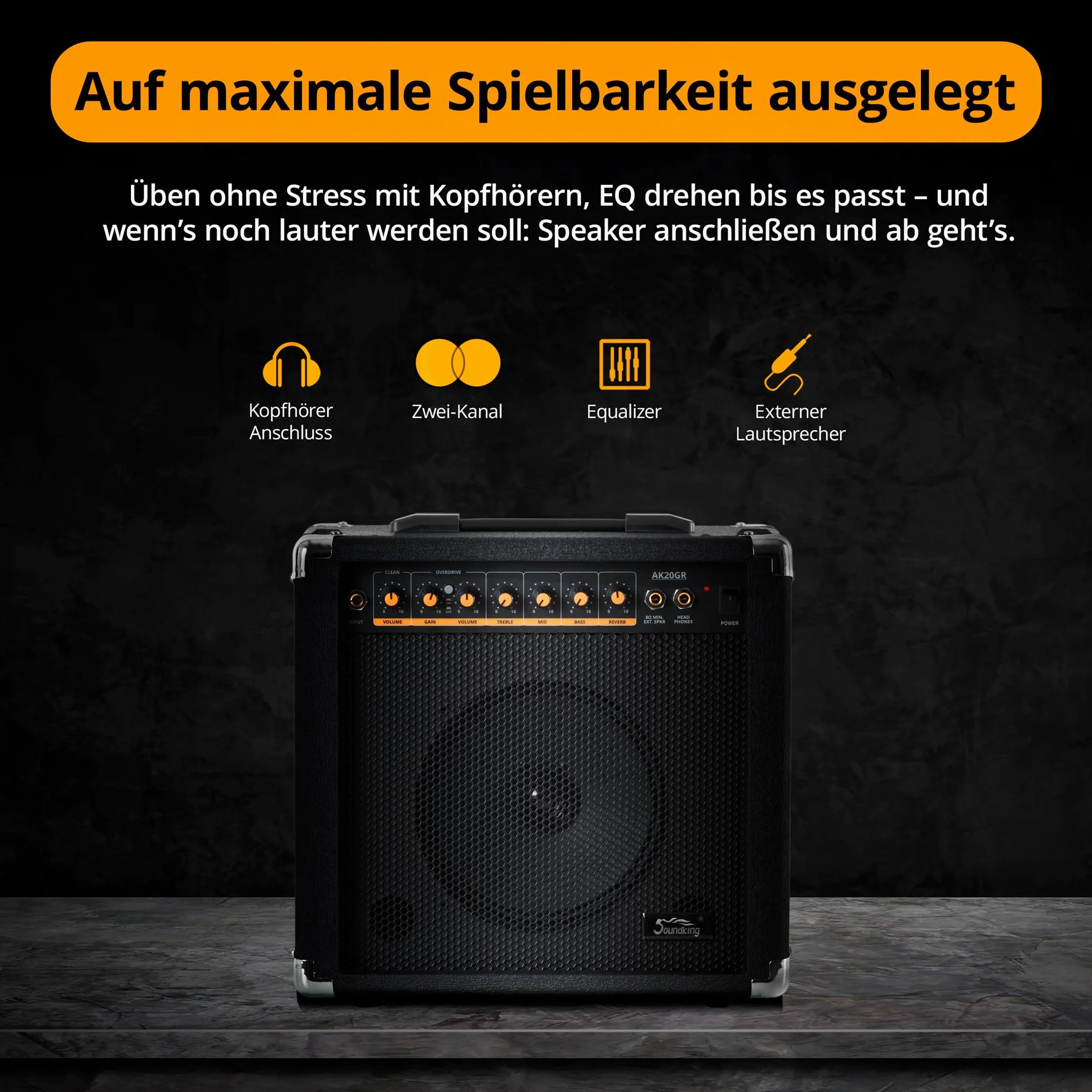 Amplificador de Guitarra Soundking AK20-GR 60W, Ecualizador 3 Bandas, Altavoz 8", 2 Canales (Limpio y Overdrive), Salida Auriculares, conexión Altavoz, Esquinas Protectoras Resistentes.