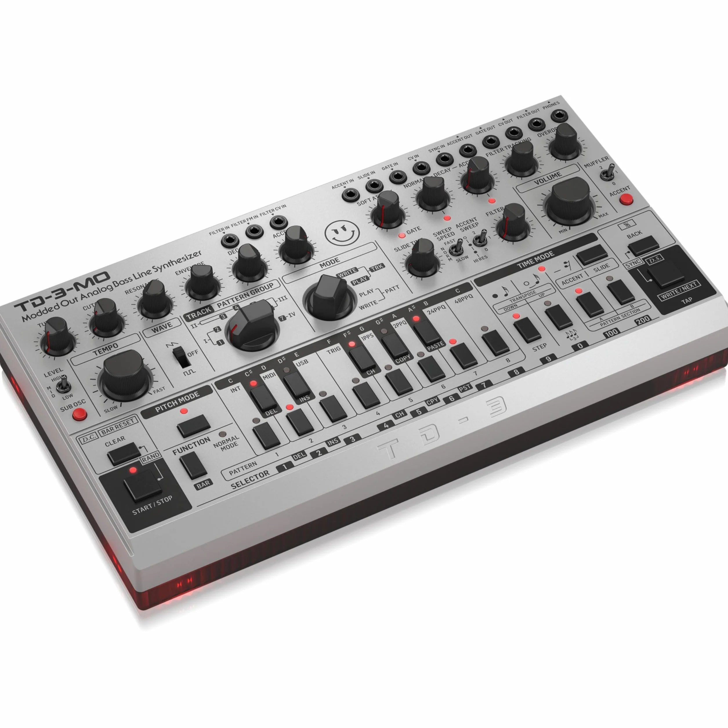 Sintetizador de línea de bajo analógico Behringer TD-3-MO-SR "Modded Out" con VCO, VCF controlable por MIDI y oscilador de subarmónicos