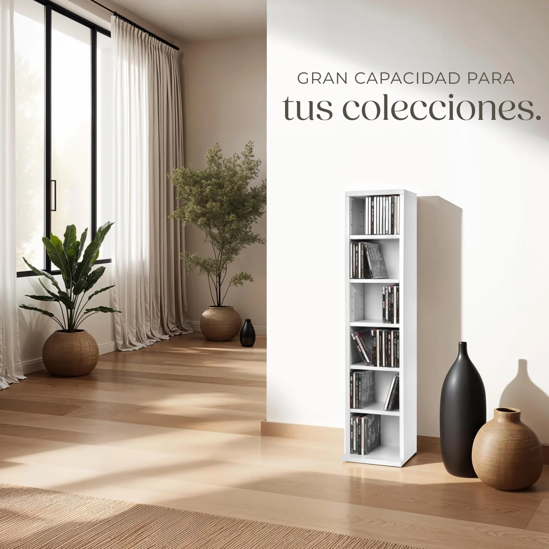 tectake® Estantería de Pared, Efecto Madera, 6 Compartimentos, Estantes Ajustables en Altura, para 102 CDs, Fácil de Montar, Almacenamiento, Decoración Habitación, Muebles Salón, Librería - Blanco