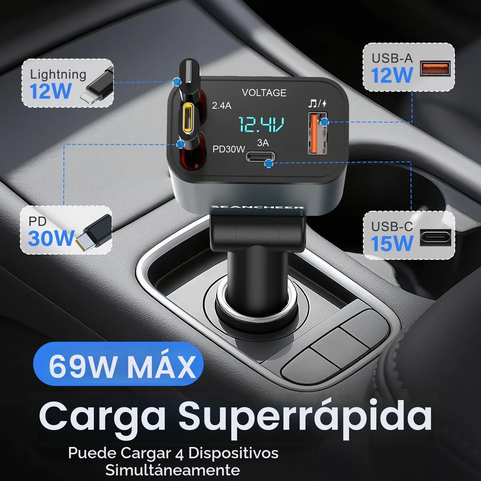 SEANCHEER Cargador Coche USB C Transmisor FM Bluetooth, Cargador Mechero 69W 2 Cables Retráctiles, Bluetooth 5.3, USB Mechero 24V/12V (Gris [C+Lightning])