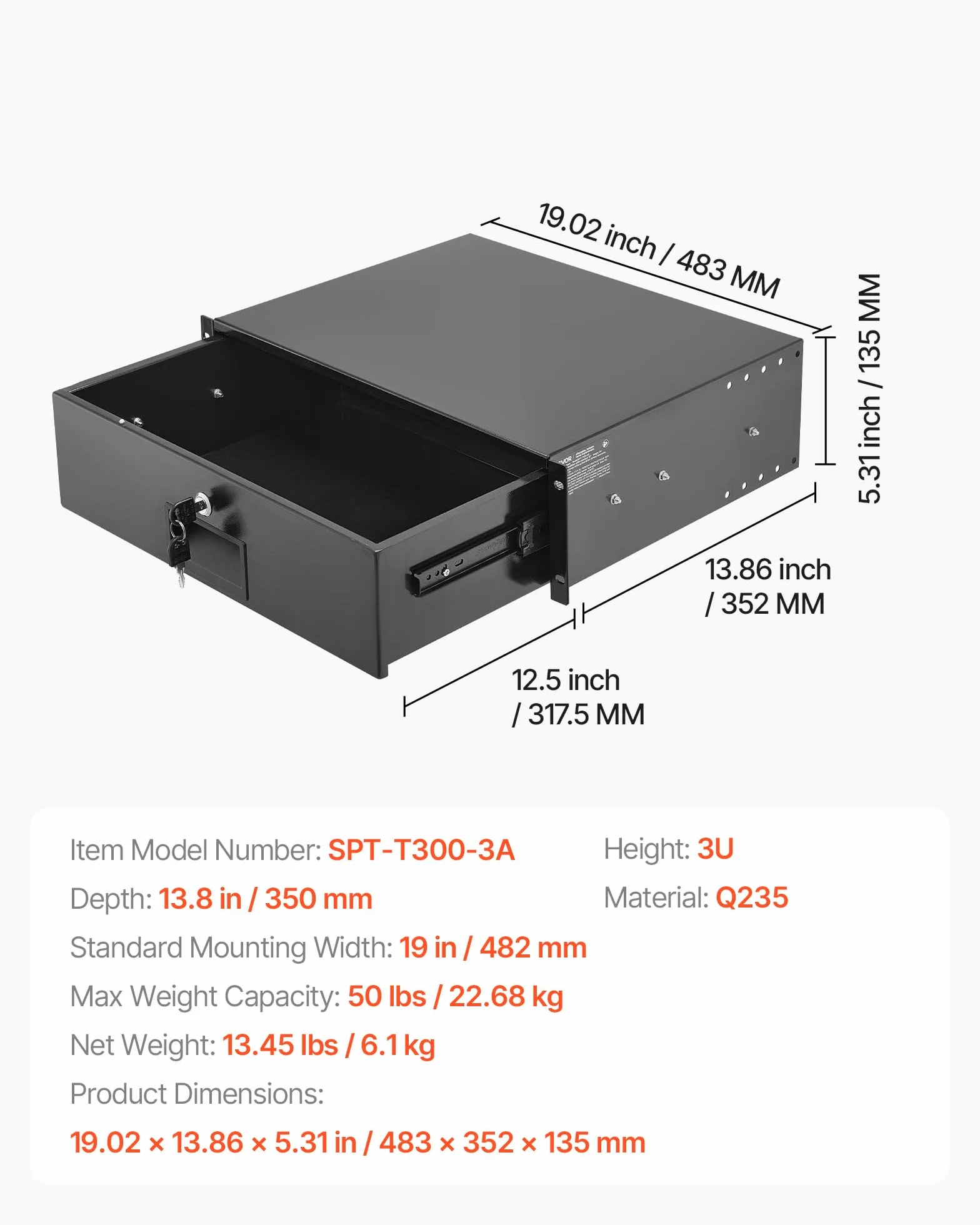 VEVOR Cajón para Montaje en Rack de 3U, Carga de 22,68 kg, Cajón Deslizante con Cerradura y Orificios para Gestión de Cables, para Rack o Gabinete de AV para Servidores de Equipos de Red de 48,26 cm