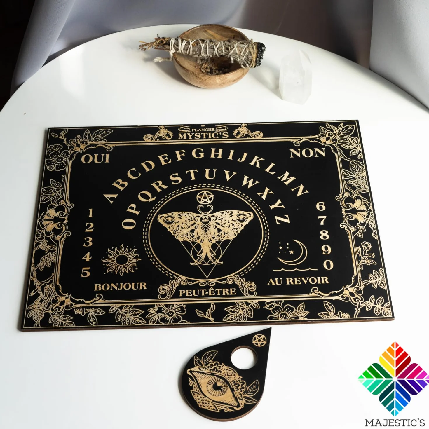 Majestic's Tabla Ouija - 40 cm x 30 cm (Incluye planchette) - Adulto - Interior - Madera - Sin pilas - Tamaño ideal para muchos - Protección grabada - Satisfacción garantizada