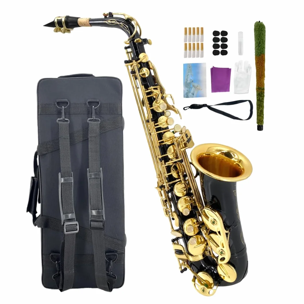 Saxofón alto Eb para principiantes, kit completo de saxofón con funda dura, boquilla, correa para el cuello, lengüetas, kit de limpieza, ideal para estudiantes y profesionales (negro)