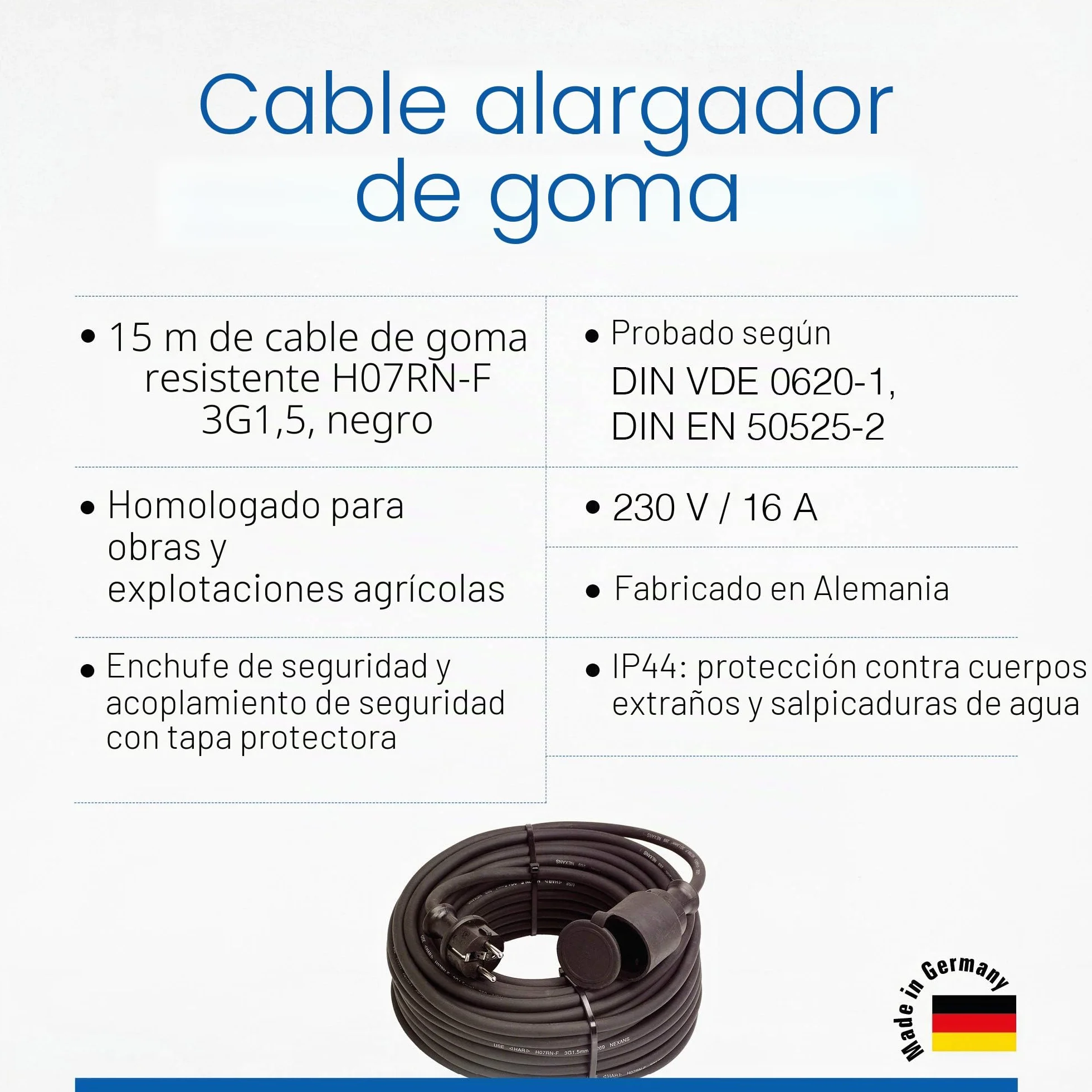 Schwabe alargador de cables 15 m H07RN-F 3G1,5 230 V 16 A 3500 W IP44 Negro