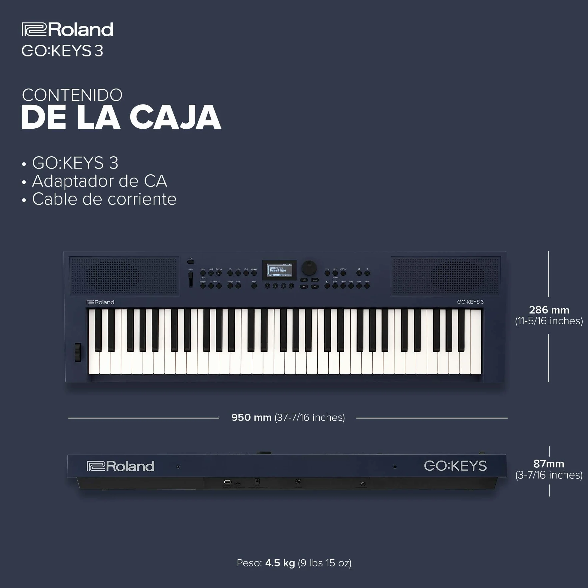Teclado para creación musical Roland GO:KEYS 3 | Teclado de 61 notas | Generador ZEN-Core con más de 1.000 sonidos integrados | Altavoces estéreo integrados - Azul medianoche
