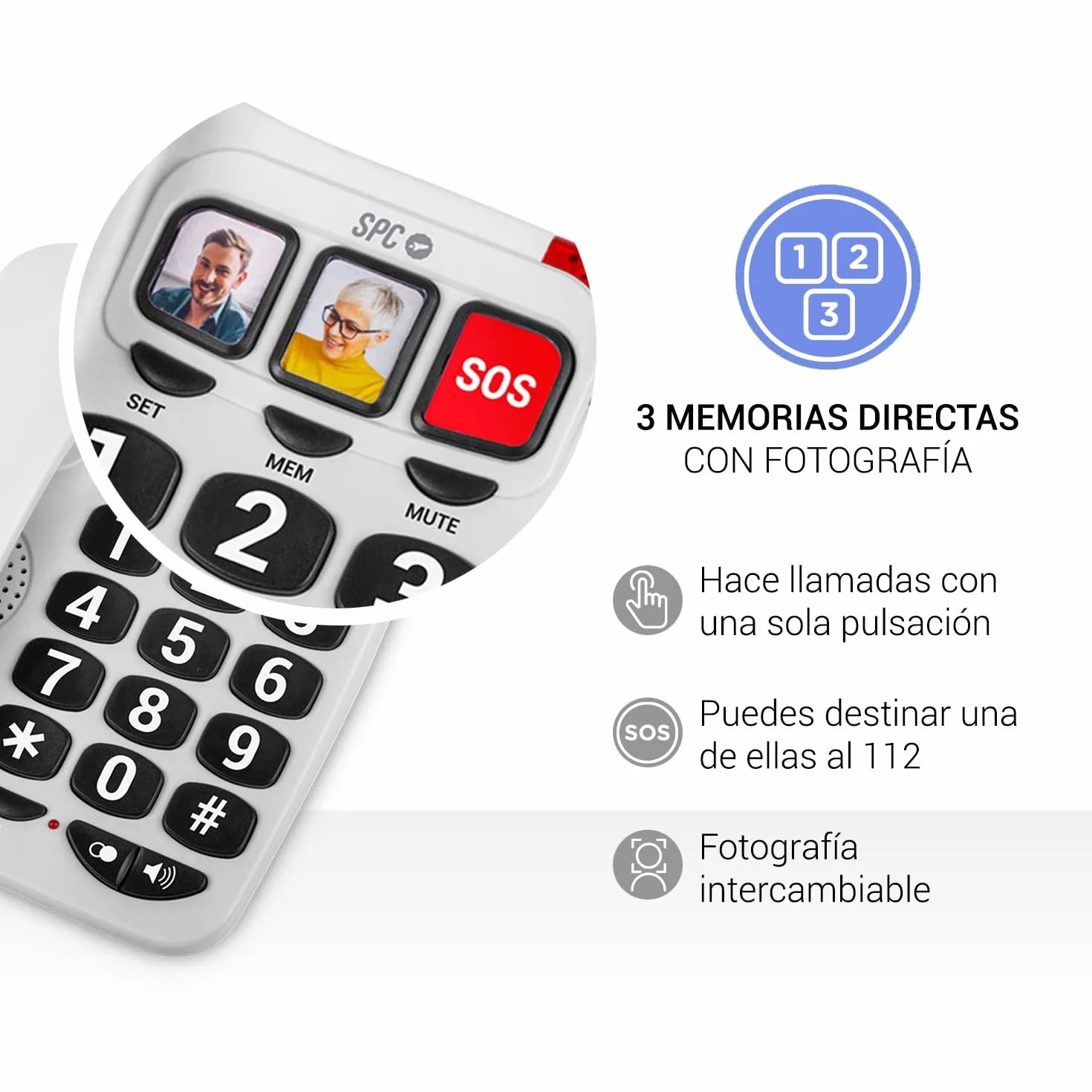SPC Comfort Numbers 2 Teléfono Fijo Mayores Teclas Grandes 3 Memorias Foto Volumen Alto Audífonos Señal Luminosa Blanco