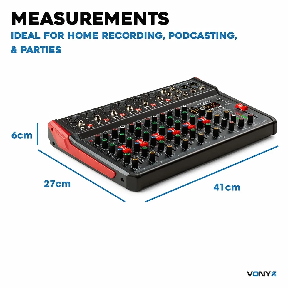 Vonyx VM-KG10 Mesa mezcladora de música de 10 canales con interfaz de audio USB, Bluetooth y efectos DSP integrados