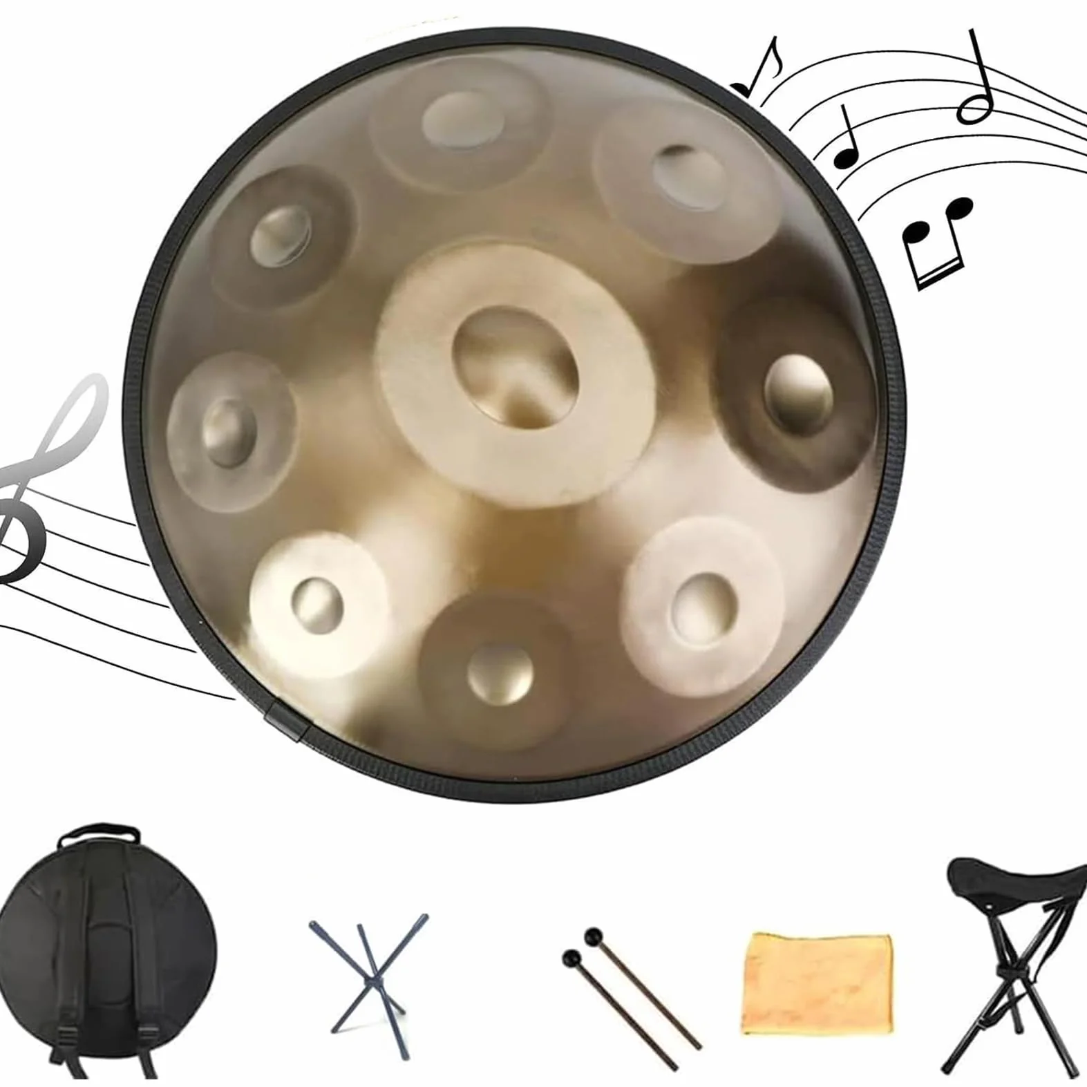 Instrumento de tambor Handpan, tambor de acero de 22 pulgadas en re menor, 9 notas 440 Hz percusión instrumentos musicales juego de batería de mano, hecho a mano,con soporte de mazo de bolsa -oro