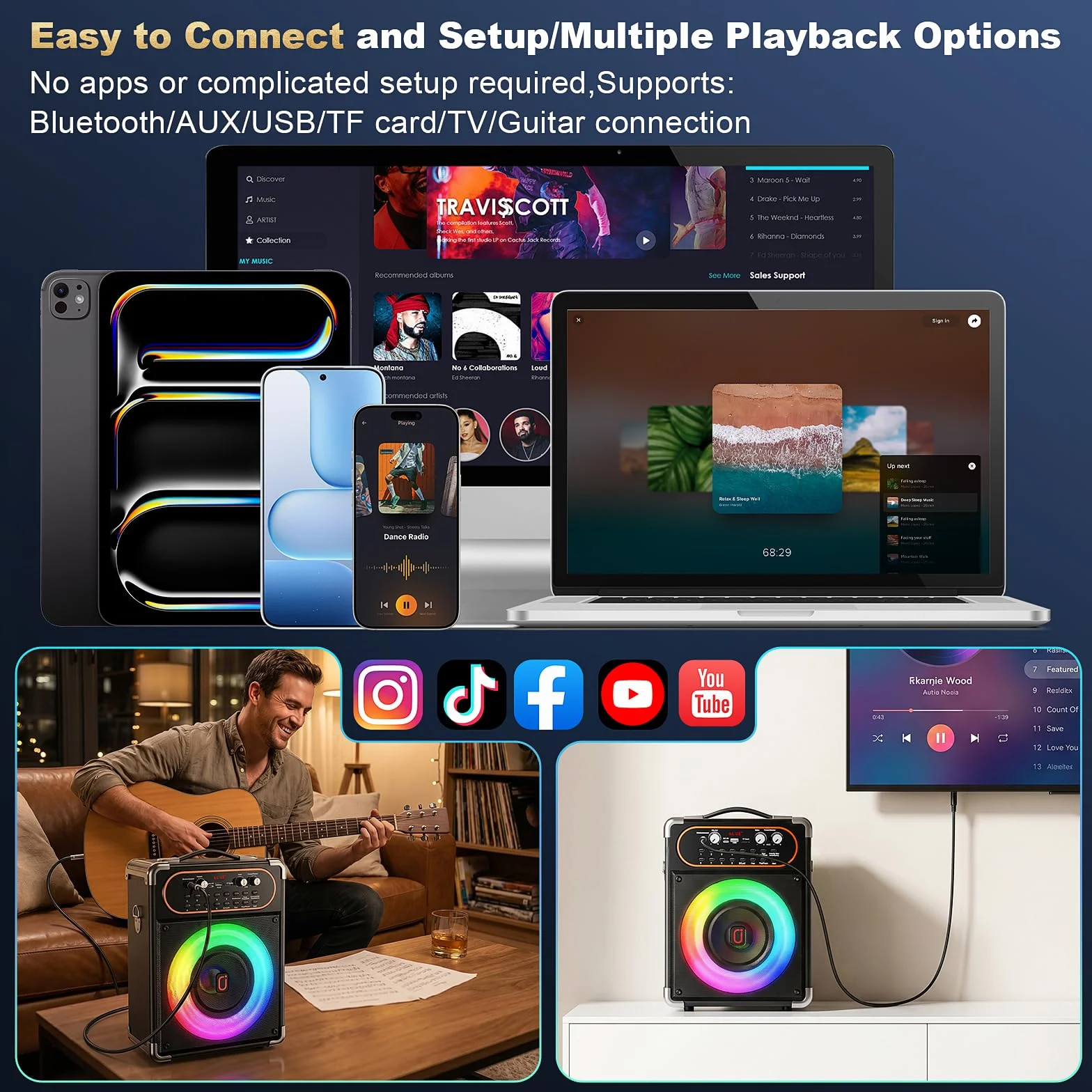 HWWR Máquina de Karaoke con 2 micrófonos, Altavoz inalámbrico portátil para Fiestas, Caja de música con Luces LED, Sistema de Karaoke Bluetooth, Sistema PA de Soporte TWS/USB/Tarjeta TF/AUX/FM